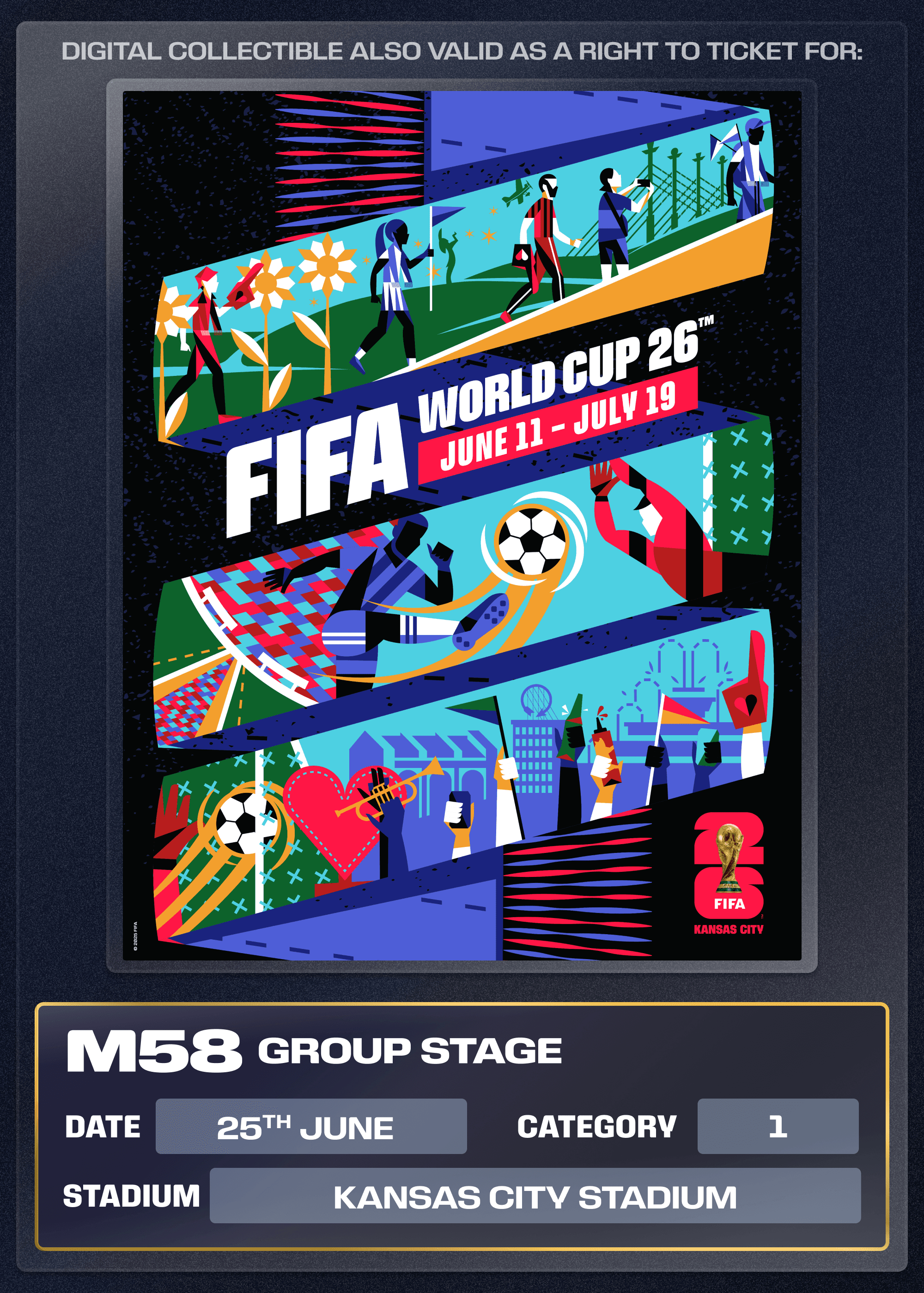 Collectible also valid as Right To Ticket Category 1 for M58 Kansas City