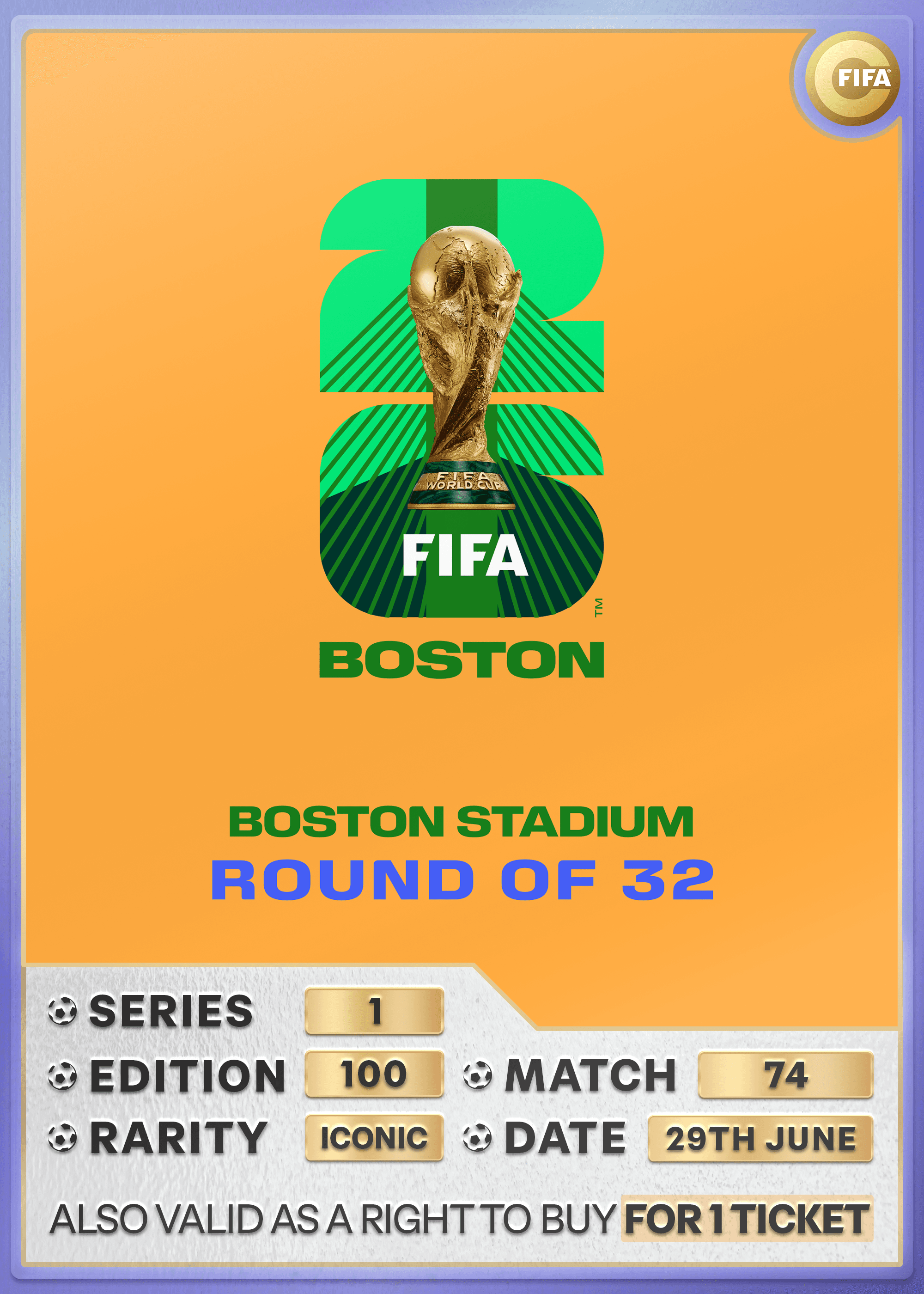 Collectible also valid as RTB for one ticket to M74 Boston
