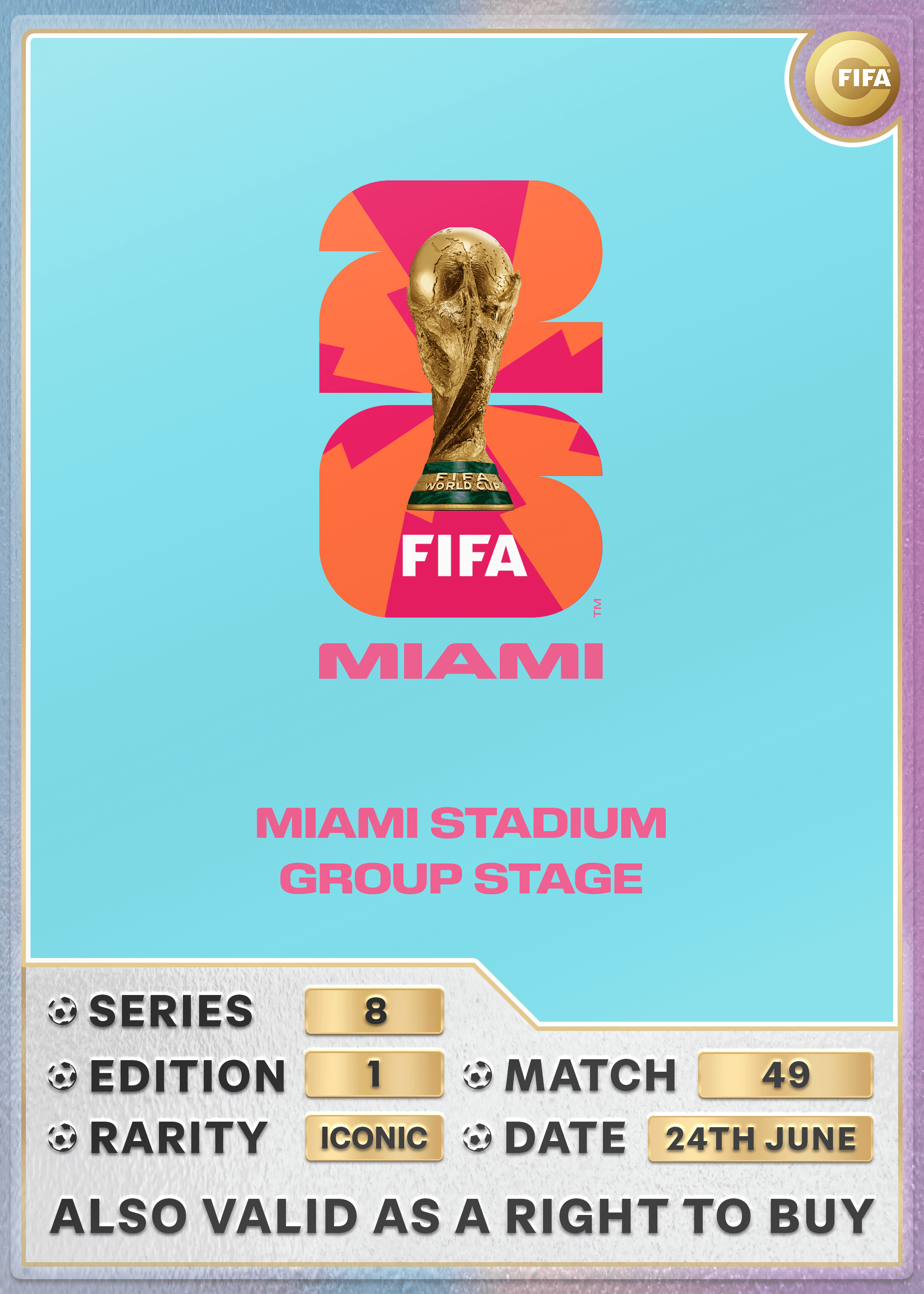 Collectible also valid as RTB for 2 tickets to M49 Miami
