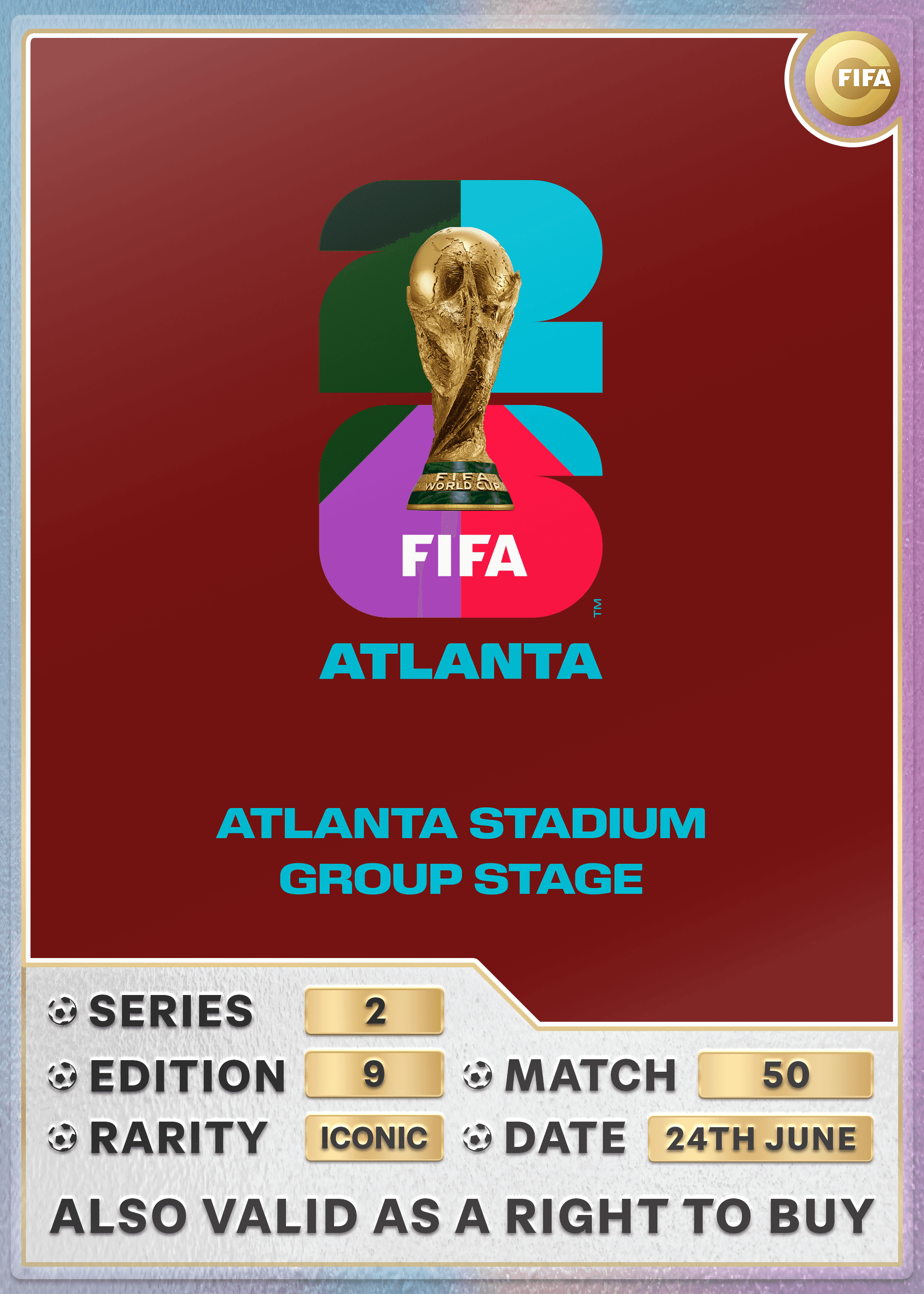 Collectible also valid as RTB for 2 tickets to M50 Atlanta
