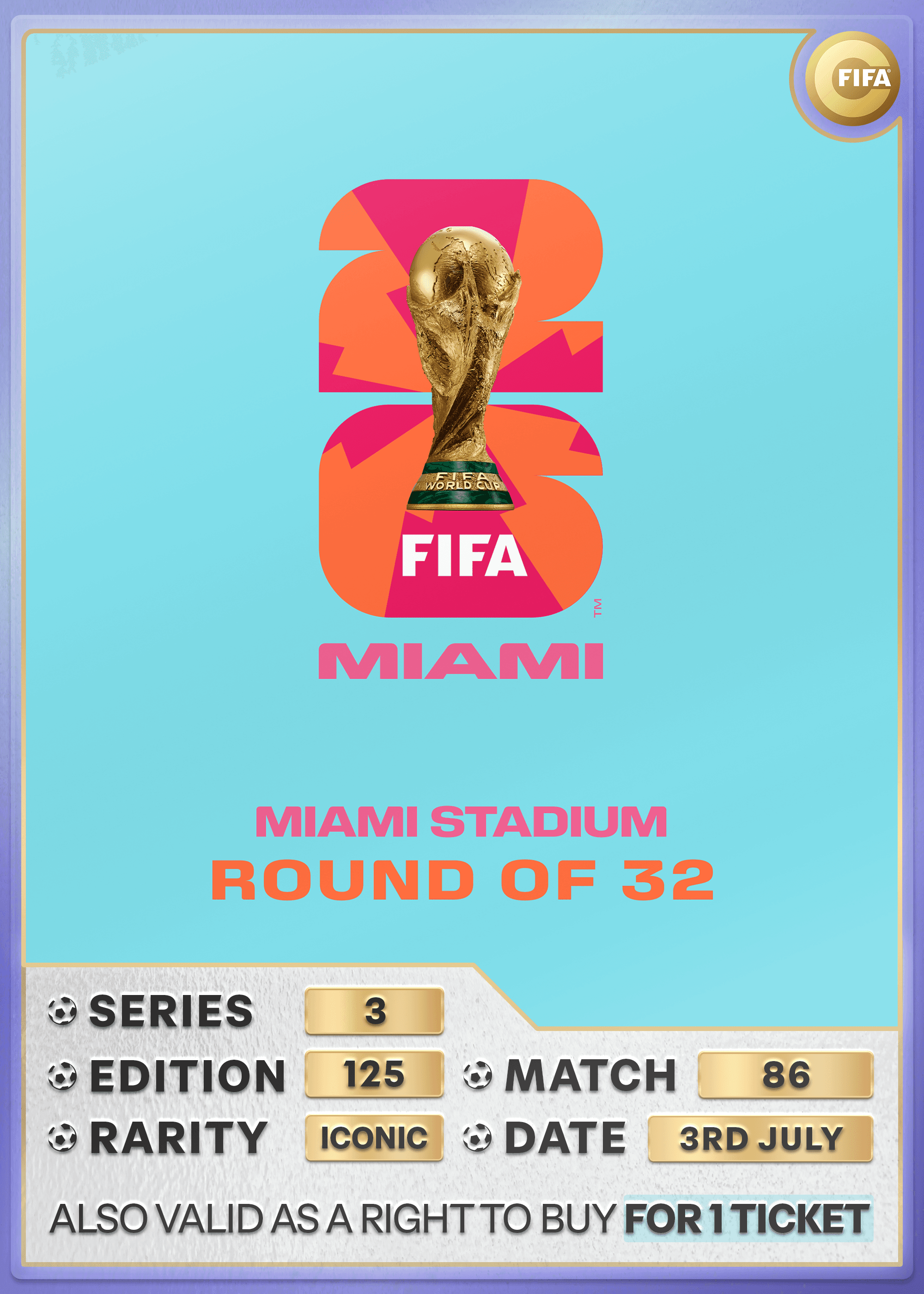 Collectible also valid as RTB for 1 ticket to M86 Miami