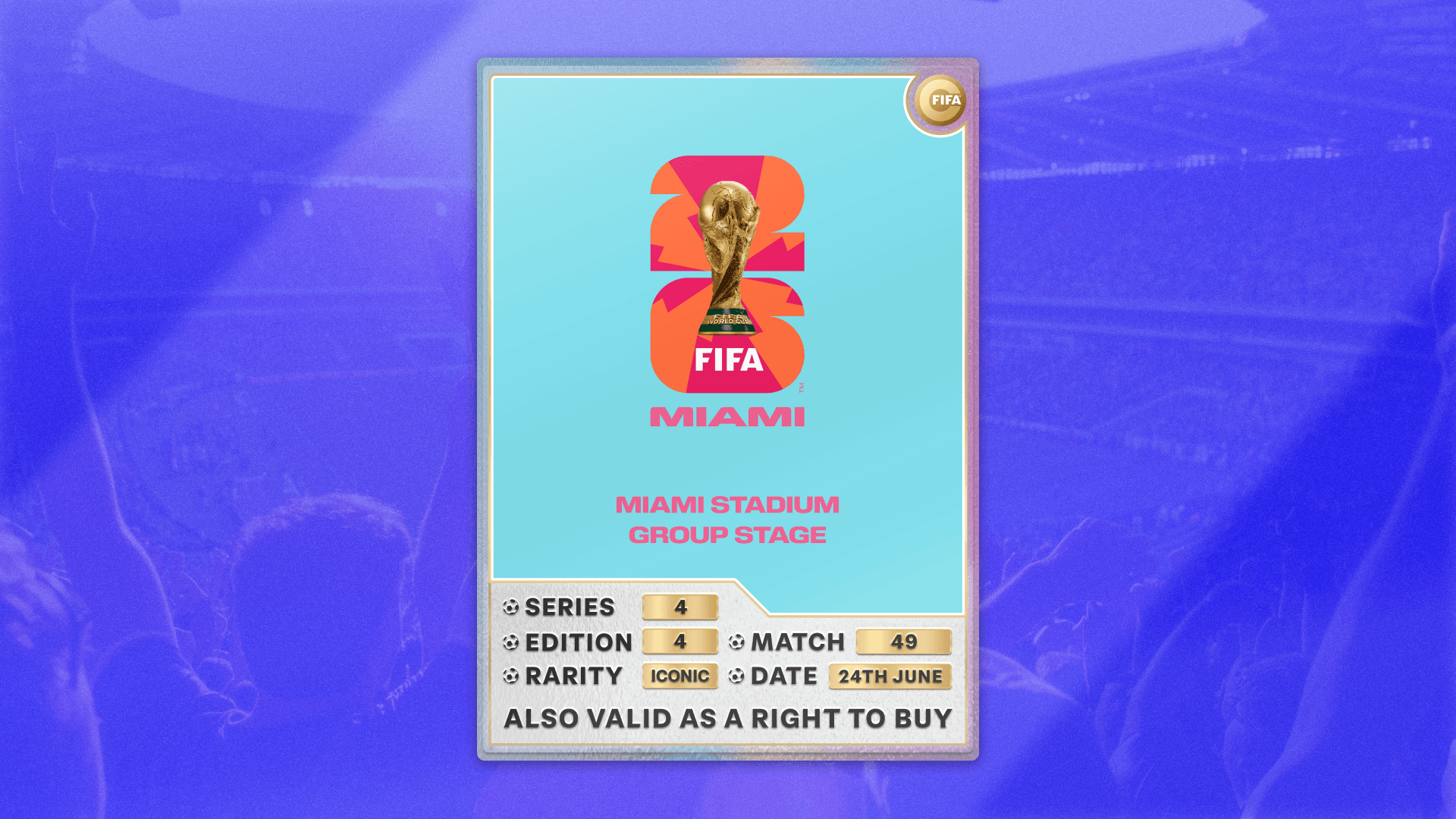 Collectible also valid as RTB for 2 tickets to M49 Miami