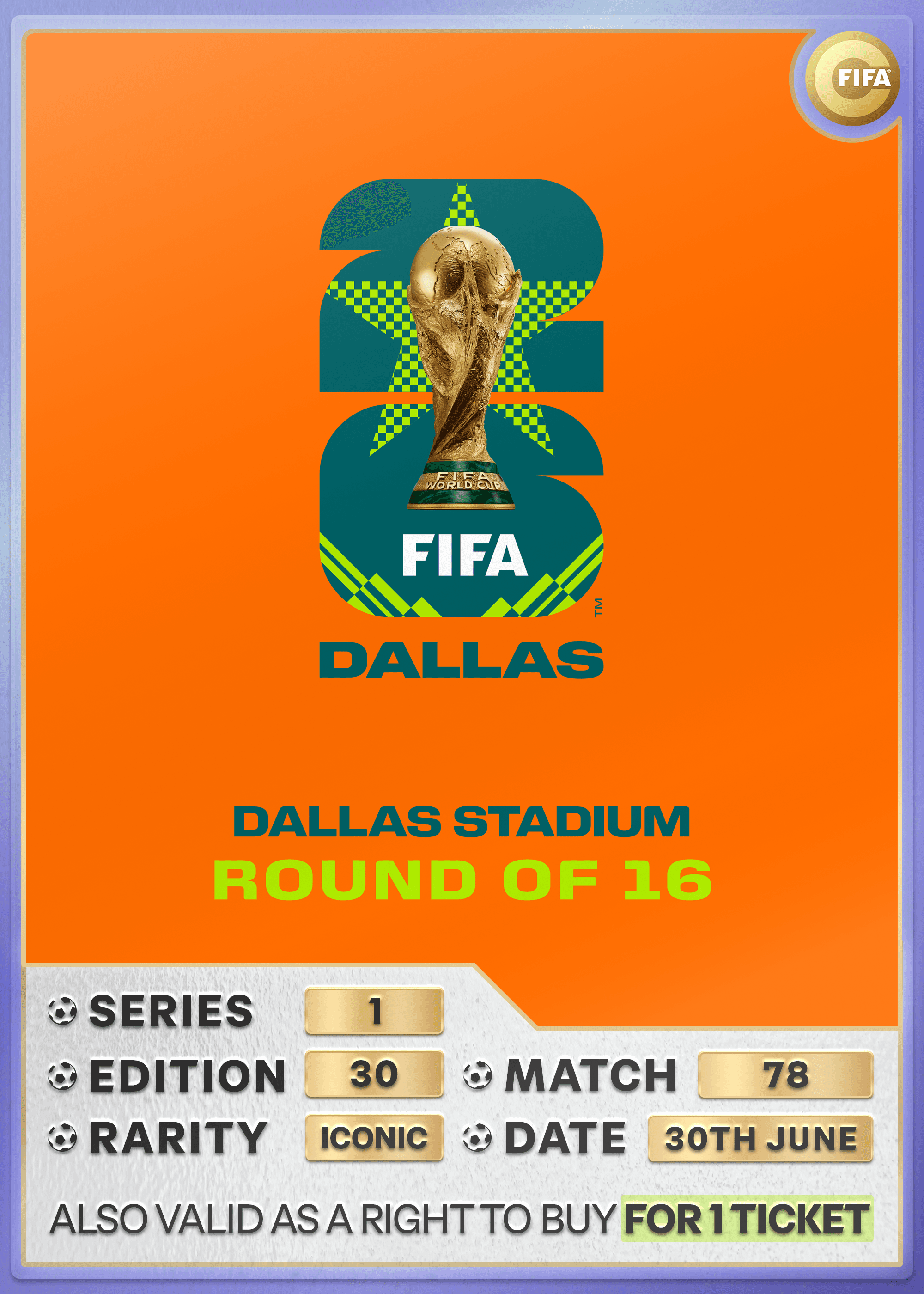 Collectible also valid as RTB for 1 ticket to M78 Dallas