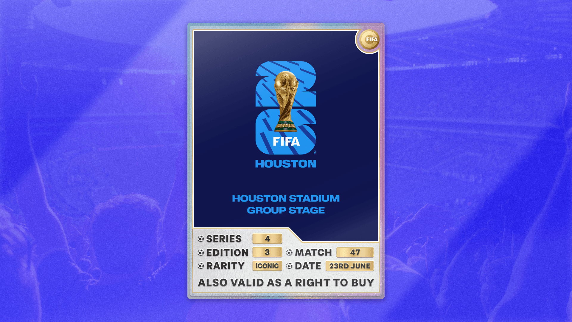 Collectible also valid as RTB for 2 tickets to M47 Houston