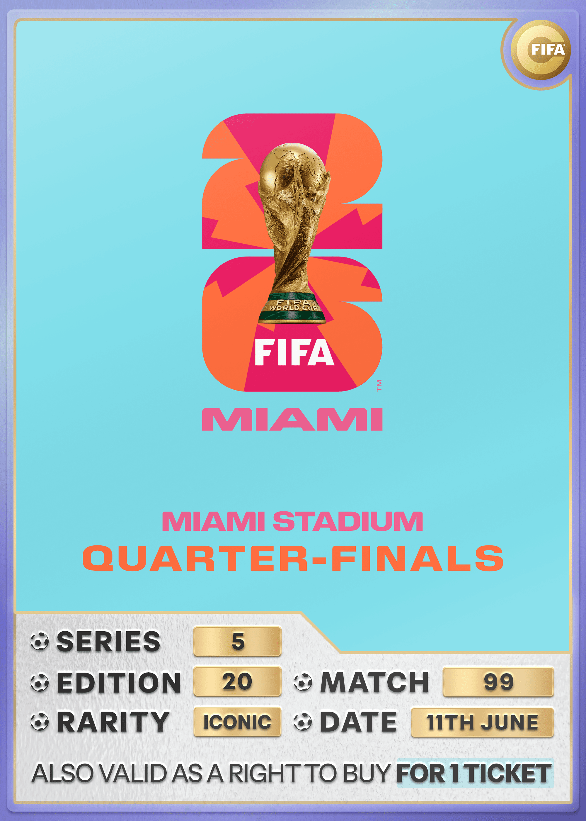 Collectible also valid as RTB for 1 ticket to M99 Miami