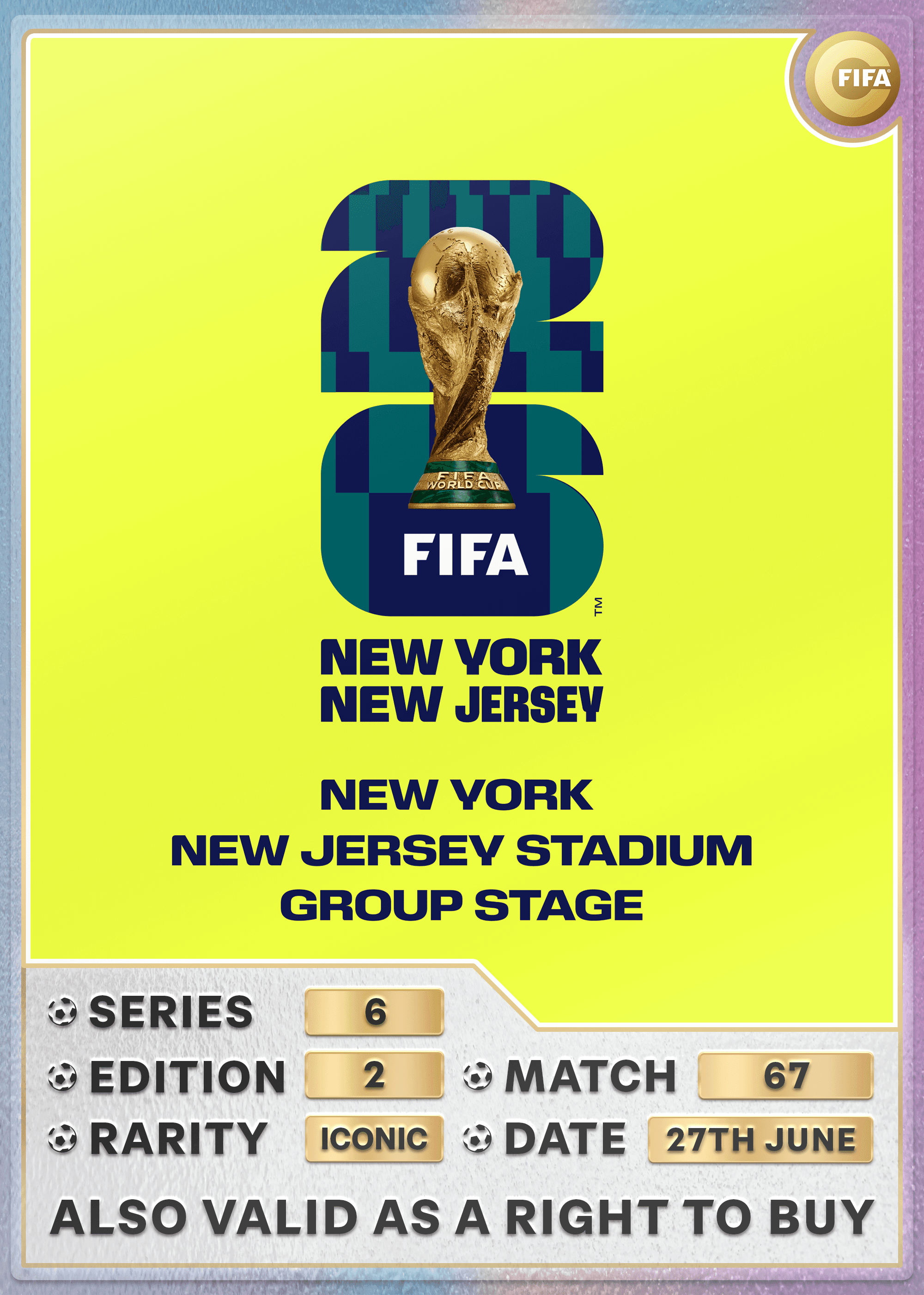Collectible also valid as RTB for 2 tickets to M67 New York/New Jersey