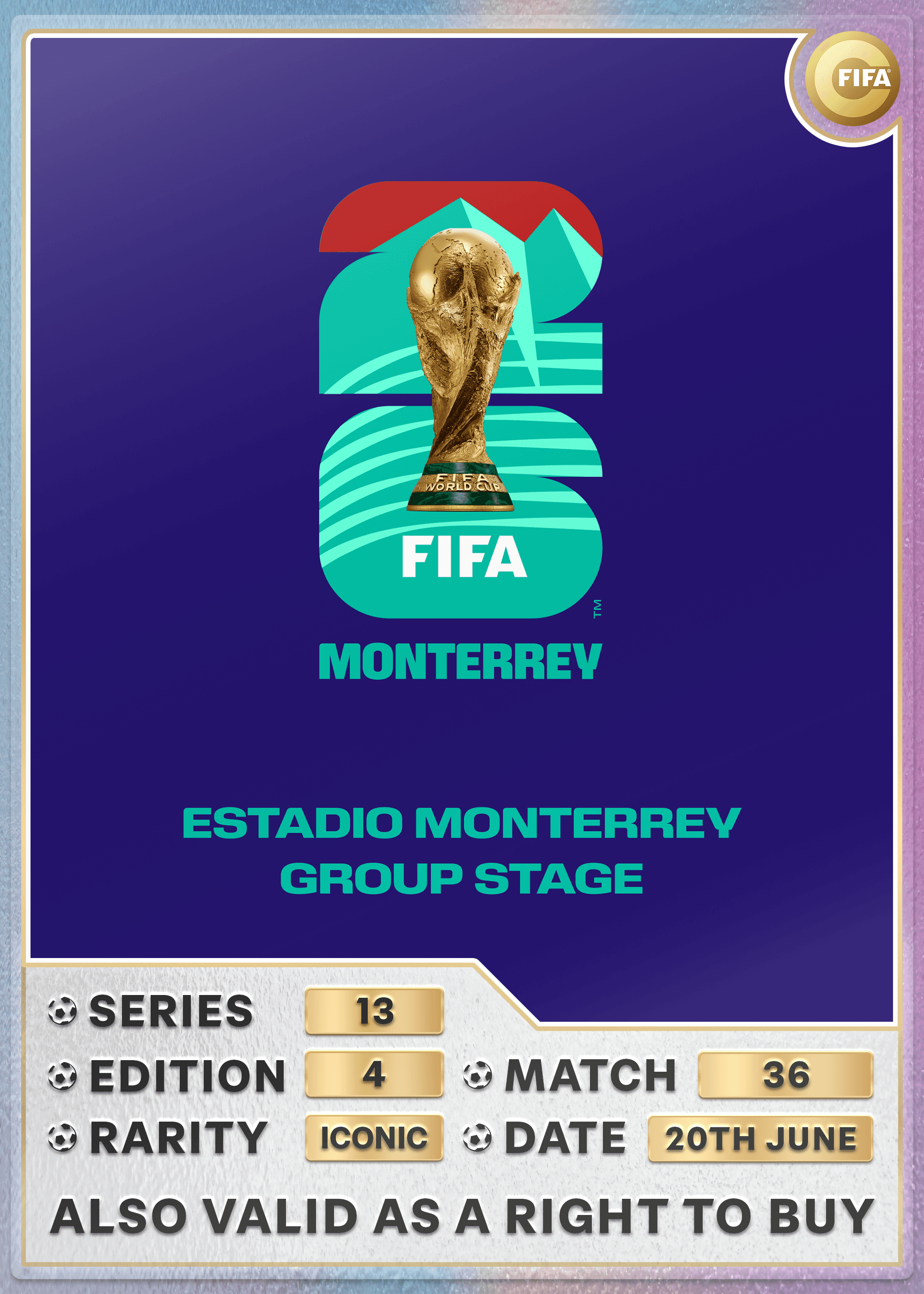 Collectible also valid as RTB for 2 tickets to M36 Monterrey