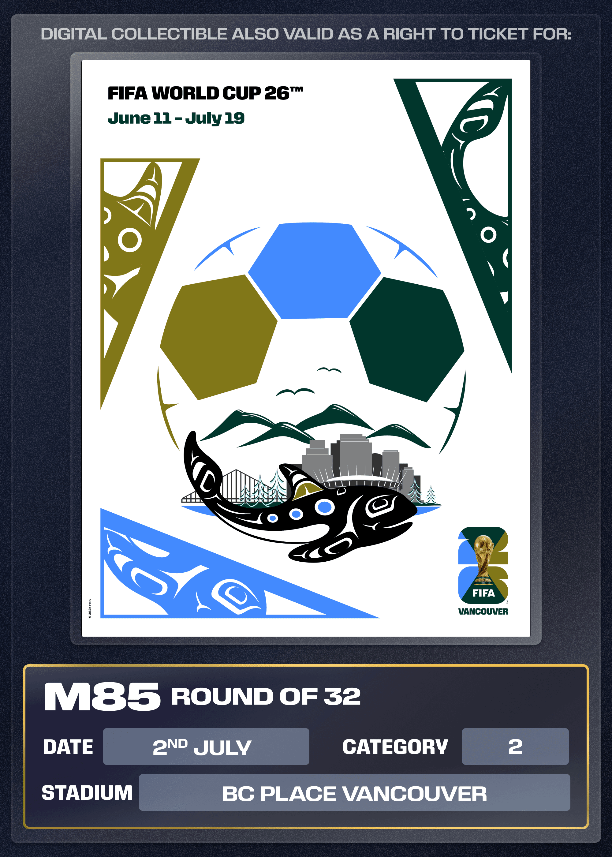 Collectible also valid as Right To Ticket Category 2 for M85 Vancouver