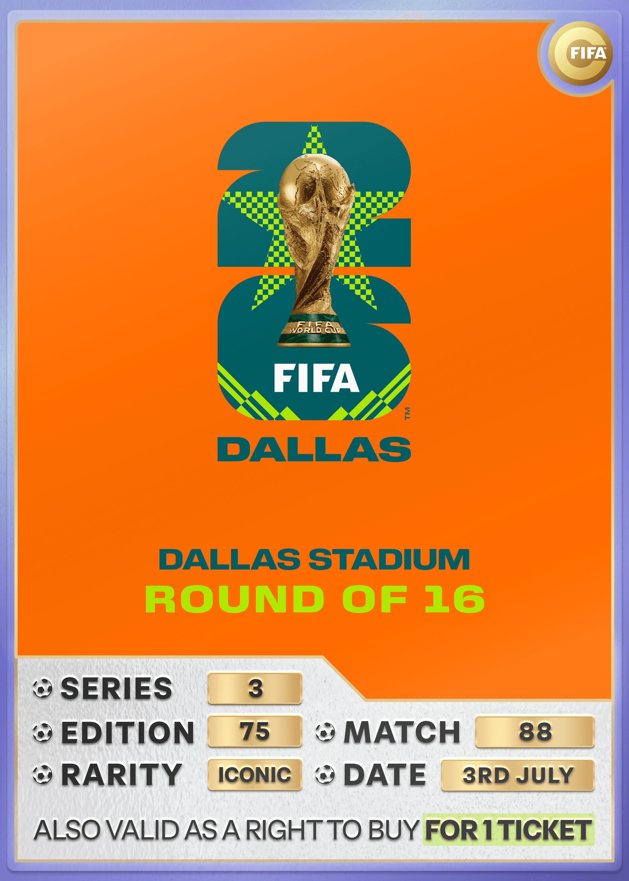 Collectible also valid as RTB for 1 ticket to M88 Dallas