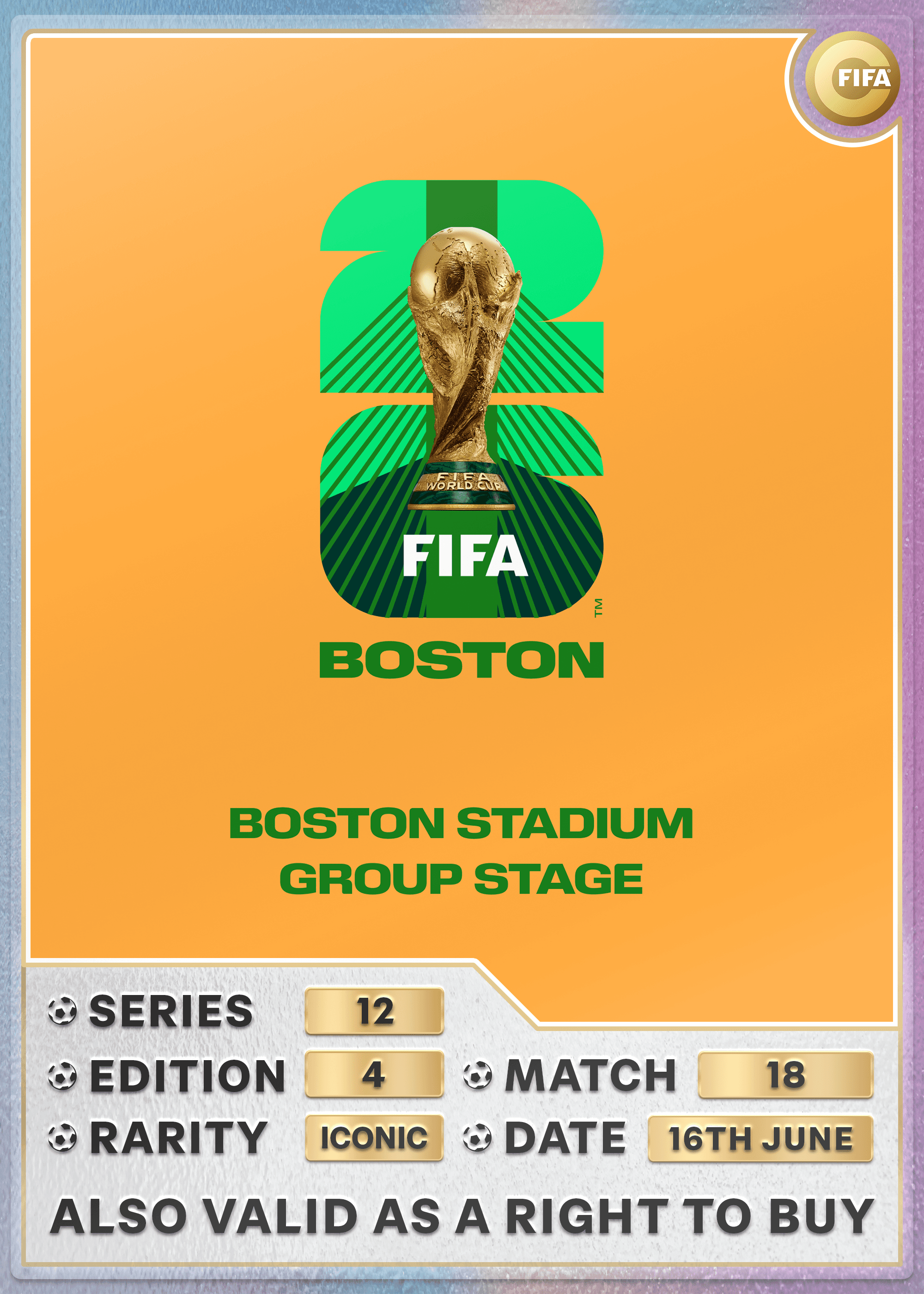 Collectible also valid as RTB for 2 tickets to M18 Boston