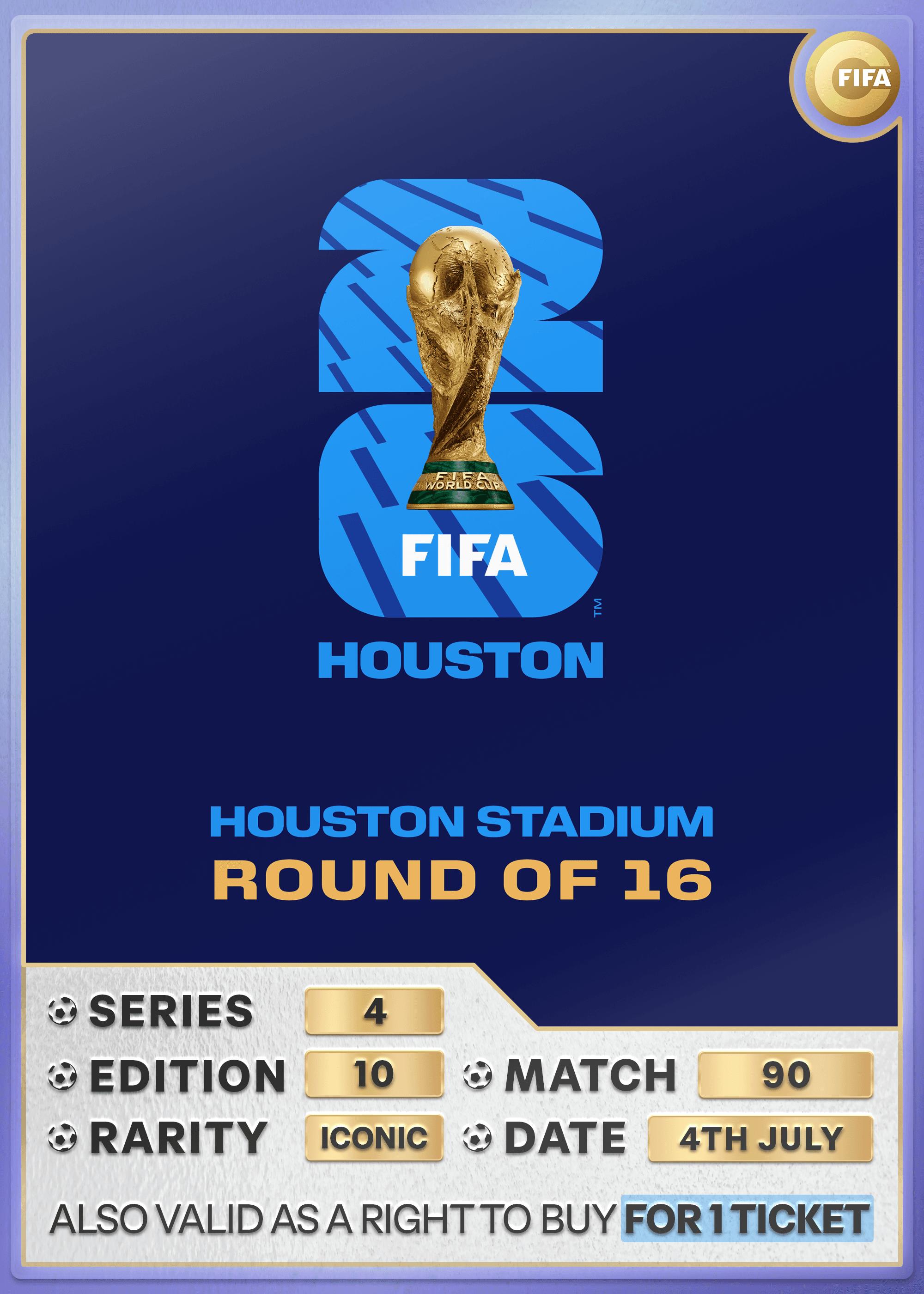 Collectible also valid as RTB for 1 ticket to M90 Houston