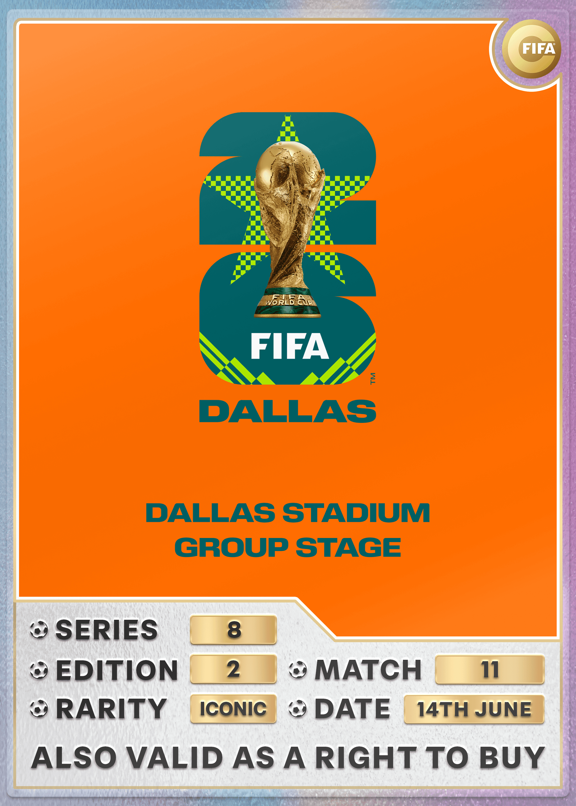 Collectible also valid as RTB for 2 tickets to M11 Dallas