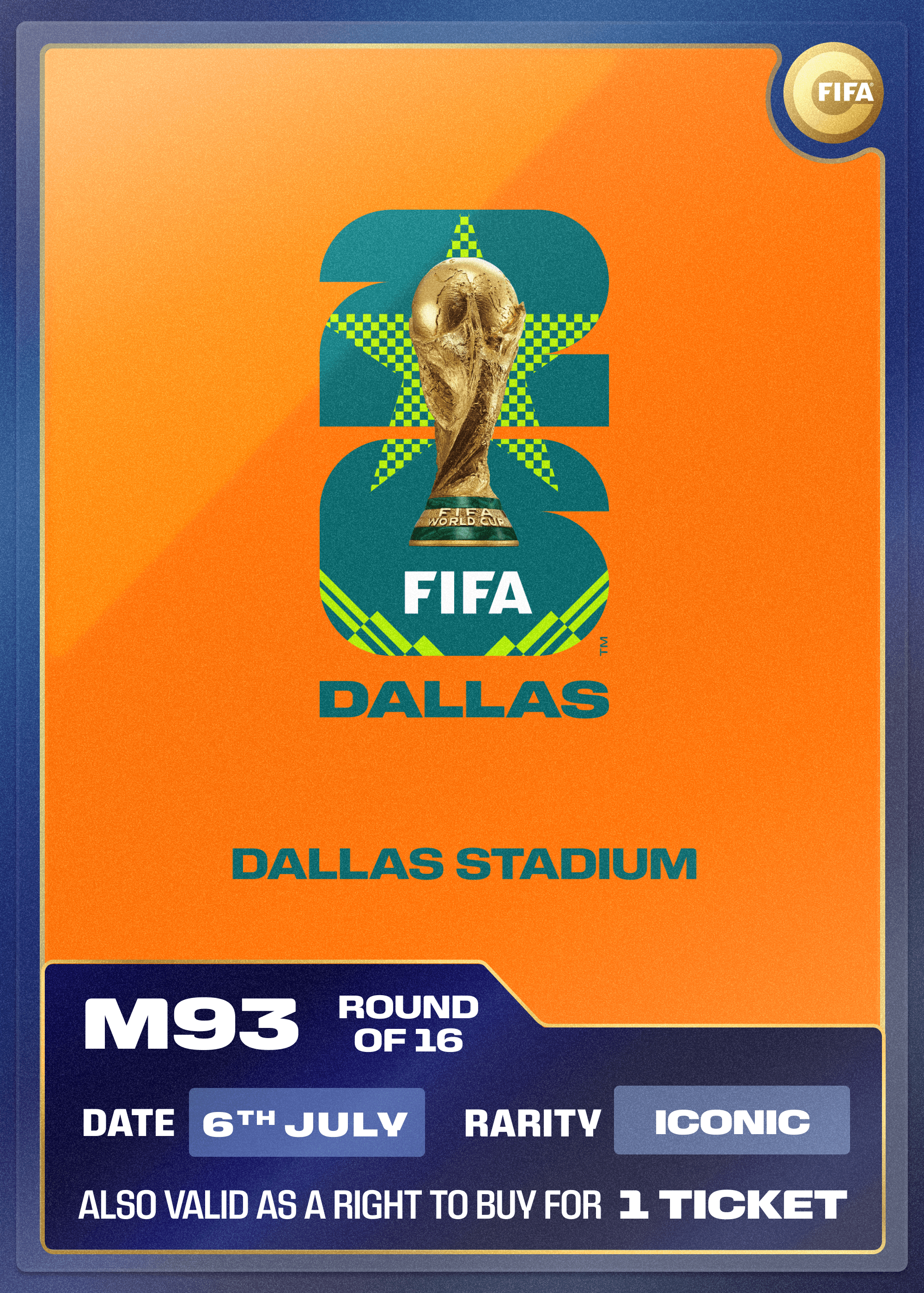 Collectible also valid as RTB for 1 ticket to M93 Dallas