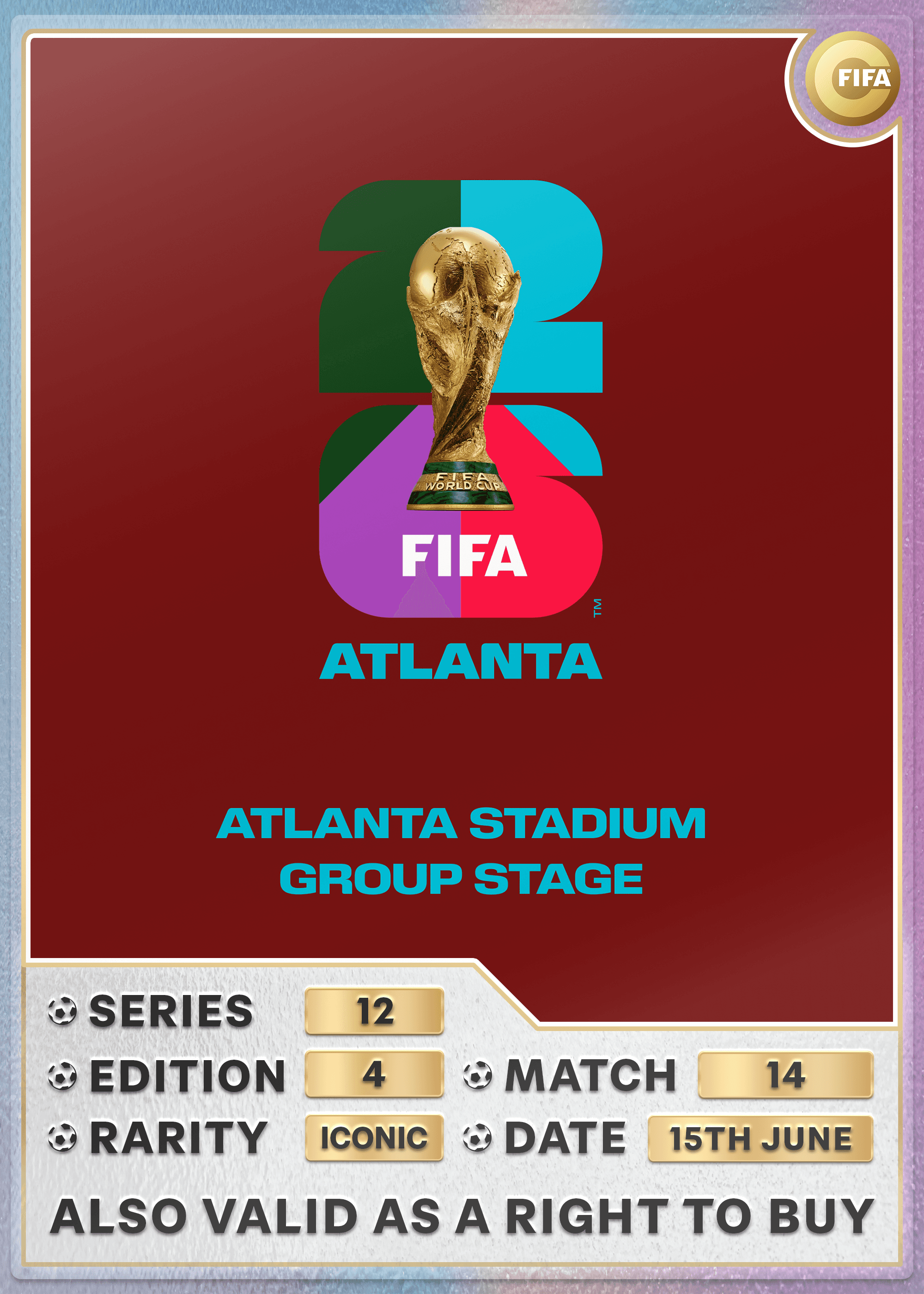 Collectible also valid as RTB for 2 tickets to M14 Atlanta