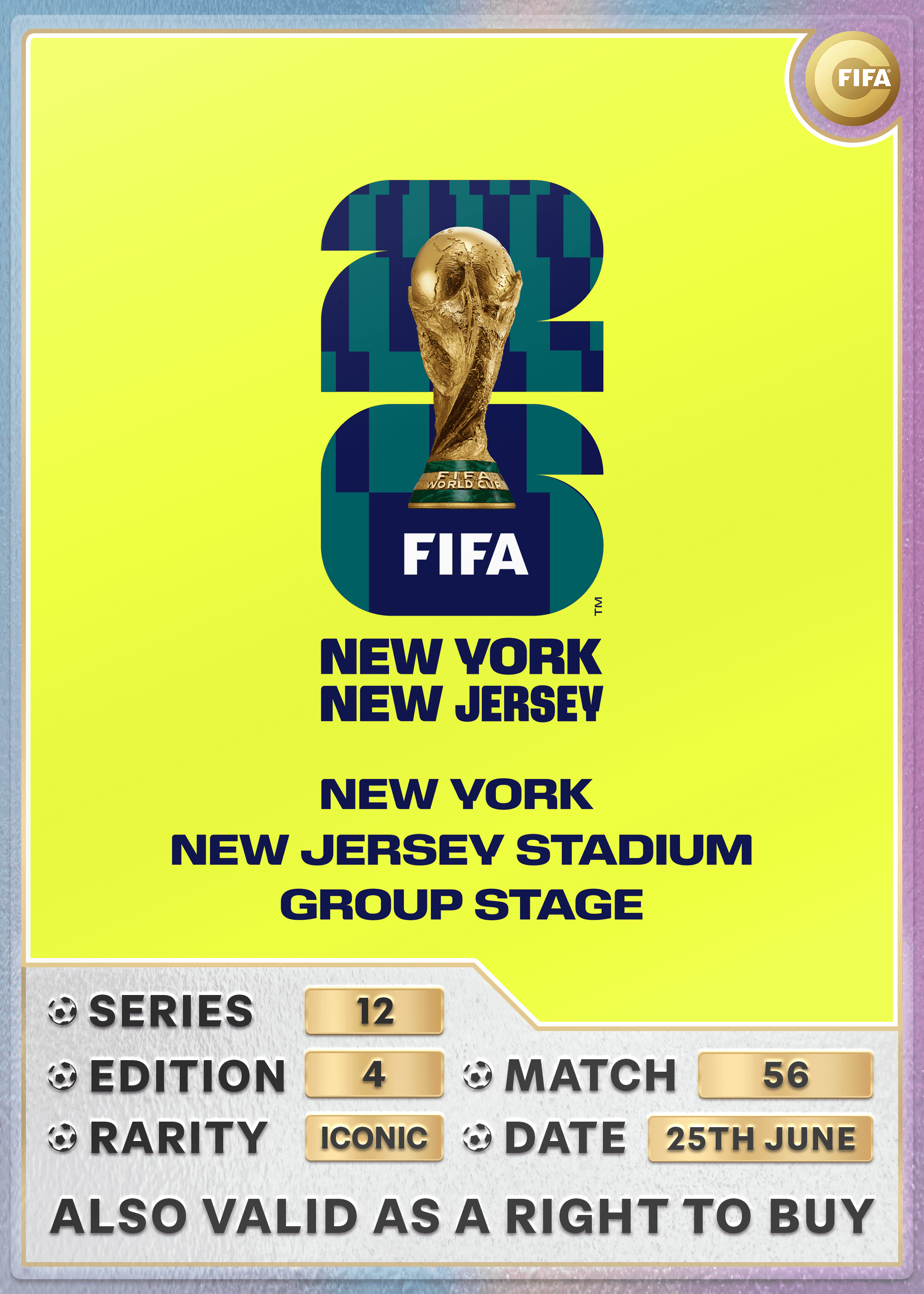 Collectible also valid as RTB for 2 tickets to M56 New York/New Jersey