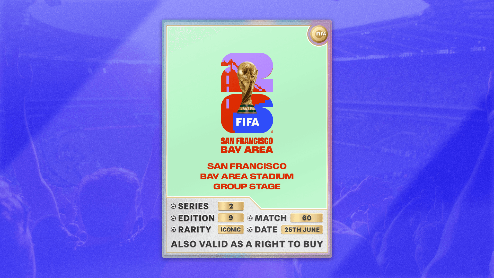 Collectible also valid as RTB for 2 tickets to M60 San Francisco