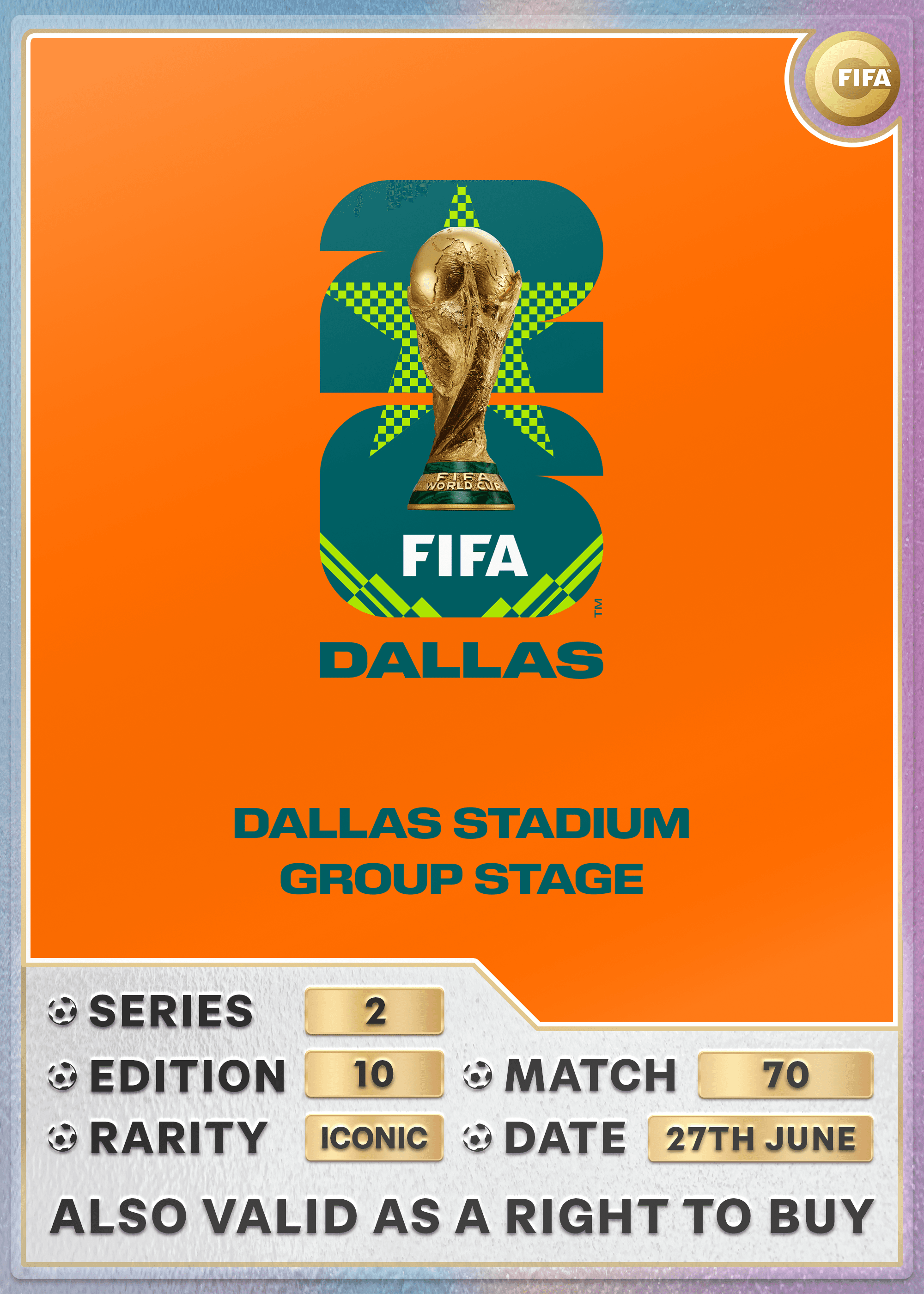 Collectible also valid as RTB for 2 tickets to M70 Dallas
