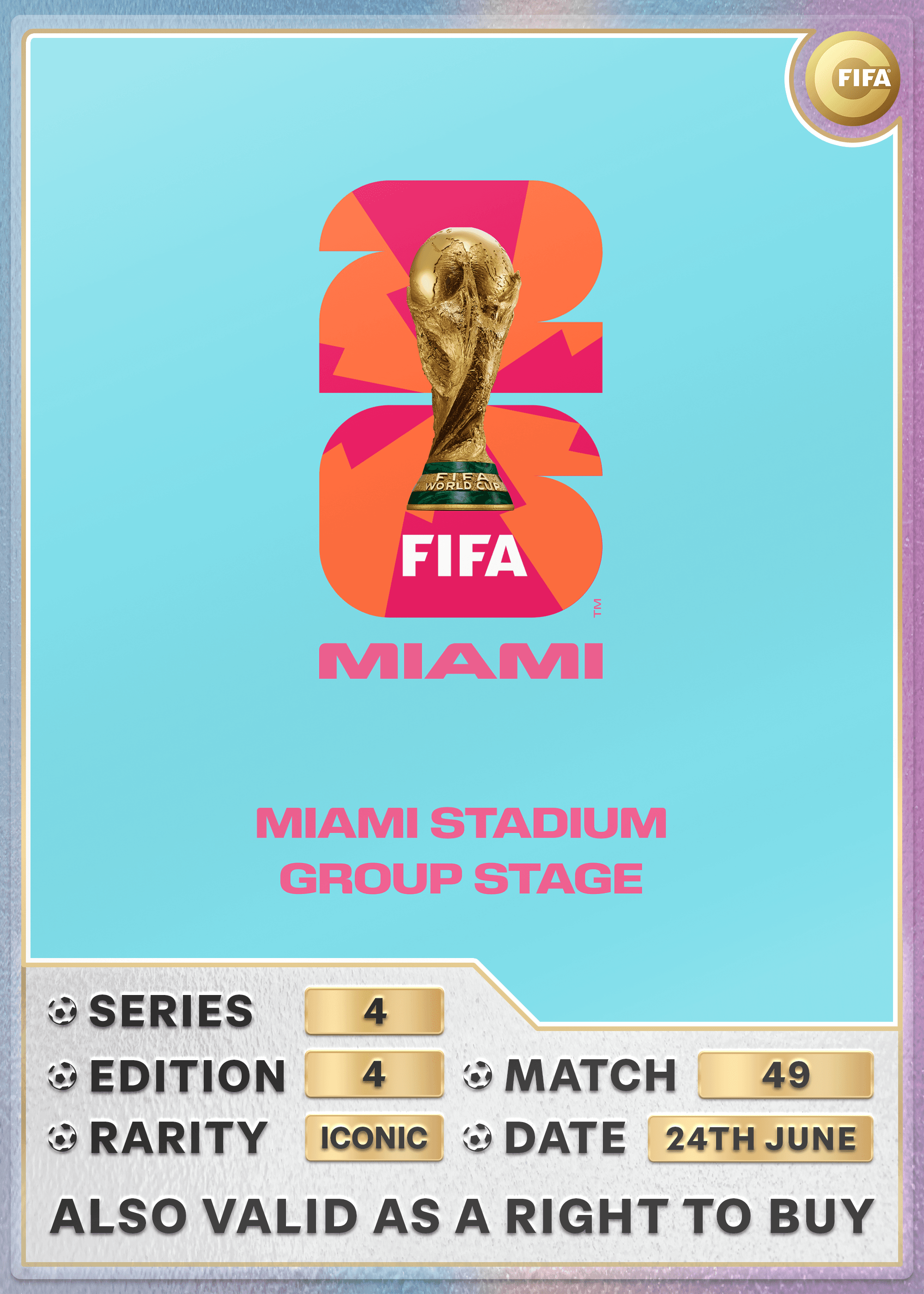 Collectible also valid as RTB for 2 tickets to M49 Miami