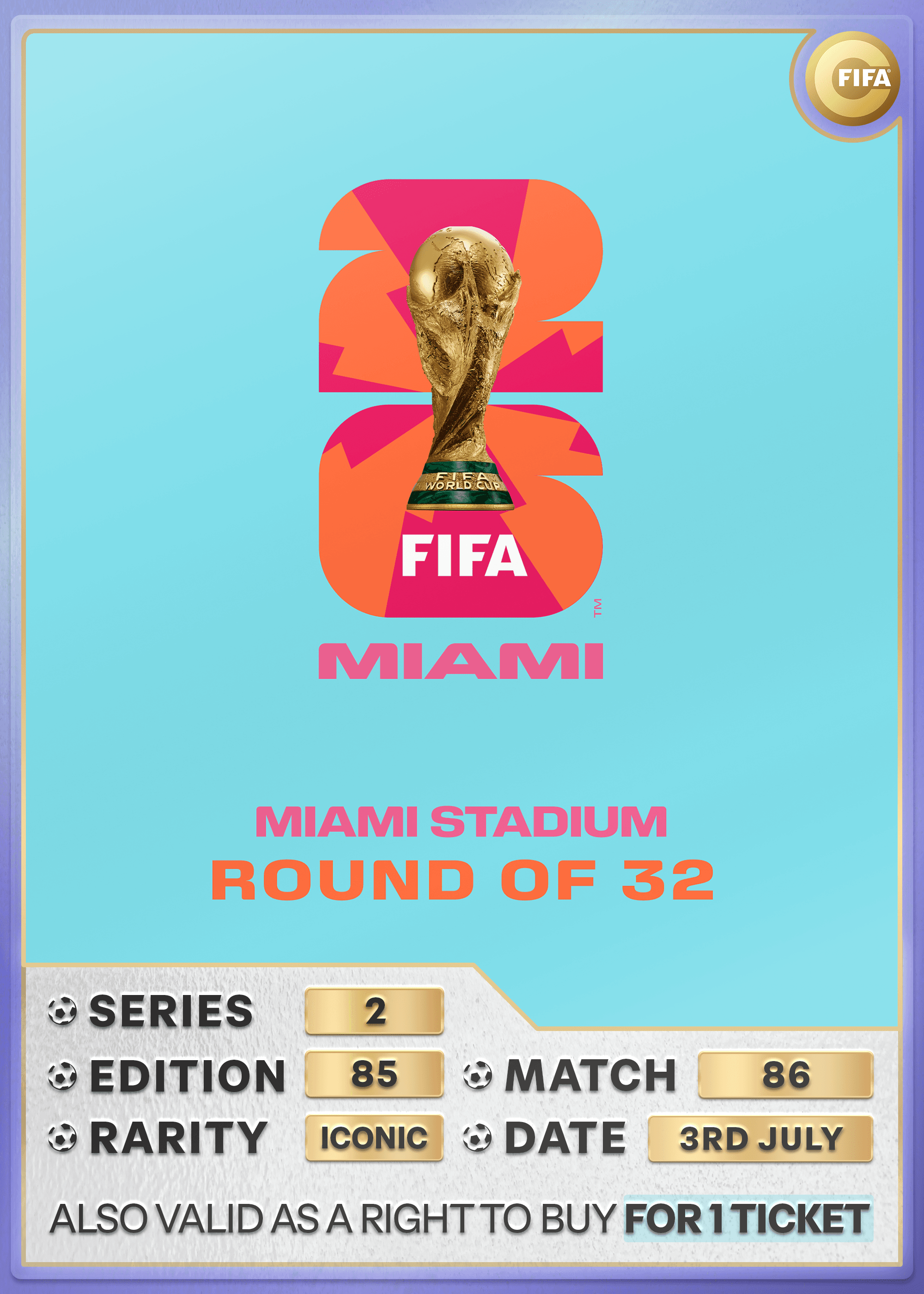 Collectible also valid as RTB for 1 ticket to M86 Miami