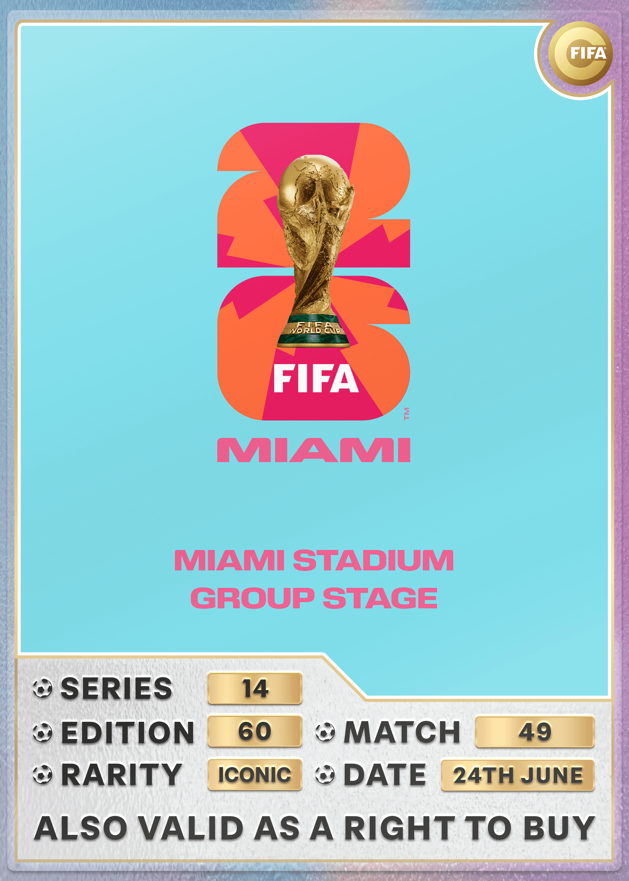 Collectible also valid as RTB for 2 tickets to M49 Miami