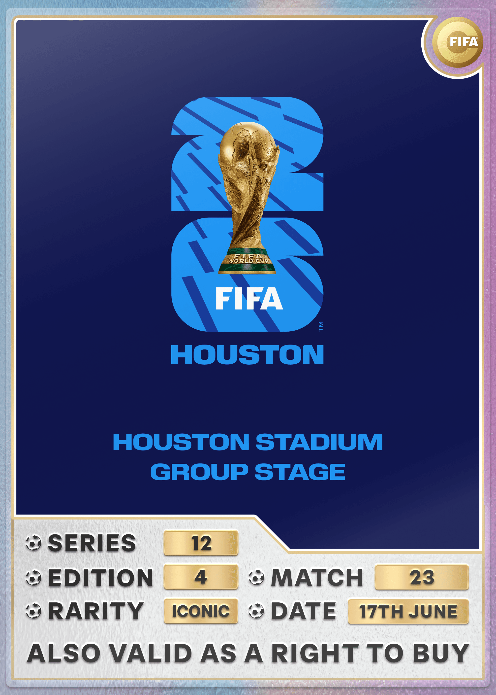 Collectible also valid as RTB for 2 tickets to M23 Houston
