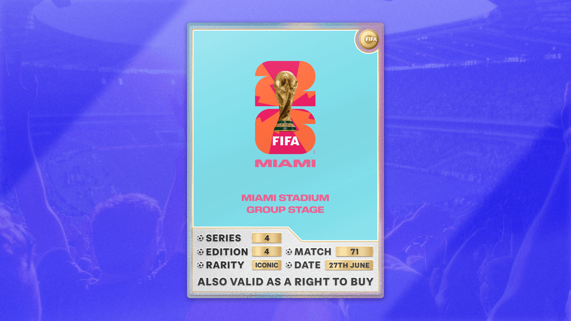 Collectible also valid as RTB for 2 tickets to M71 Miami