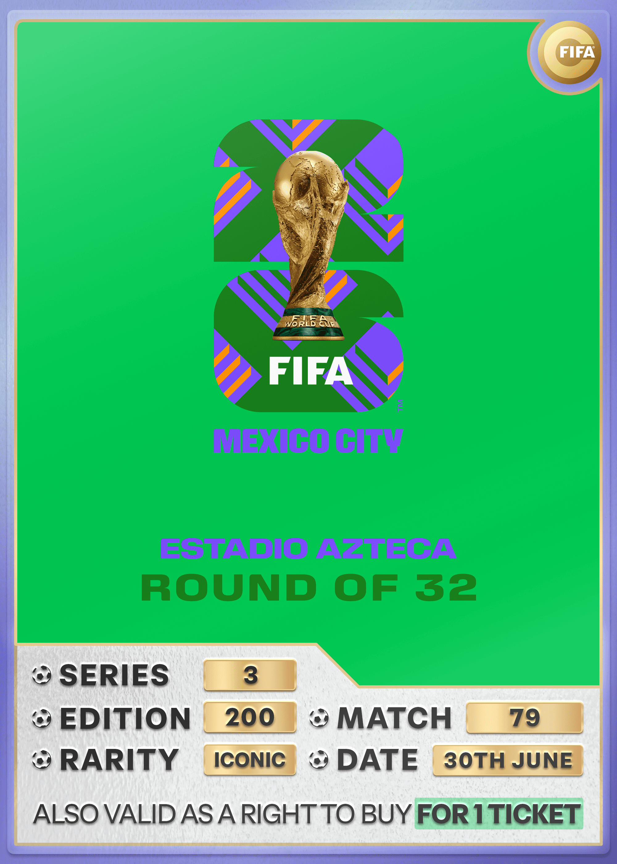 Collectible also valid as RTB for one ticket to M79 Mexico City