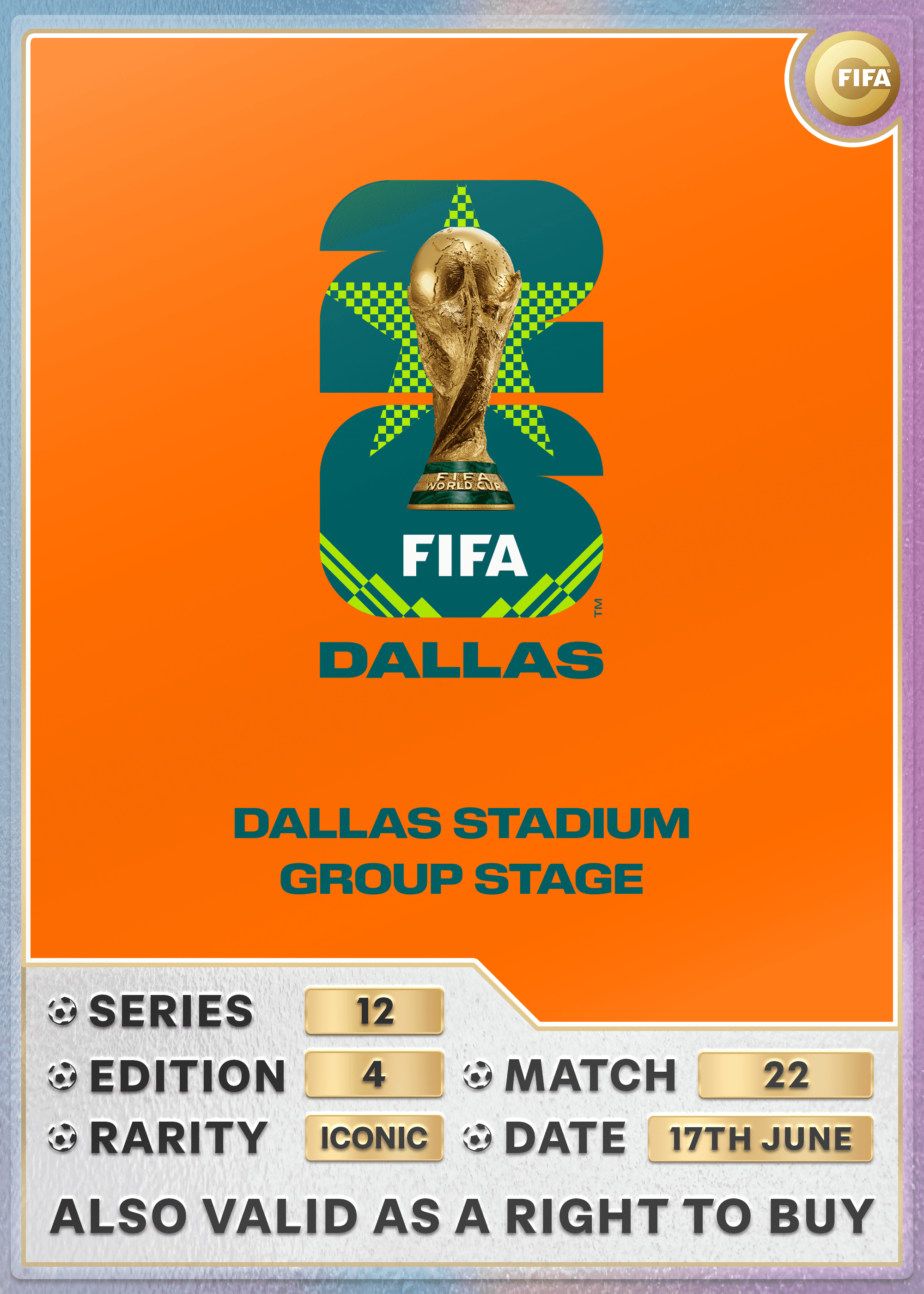 Collectible also valid as RTB for 2 tickets to M22 Dallas