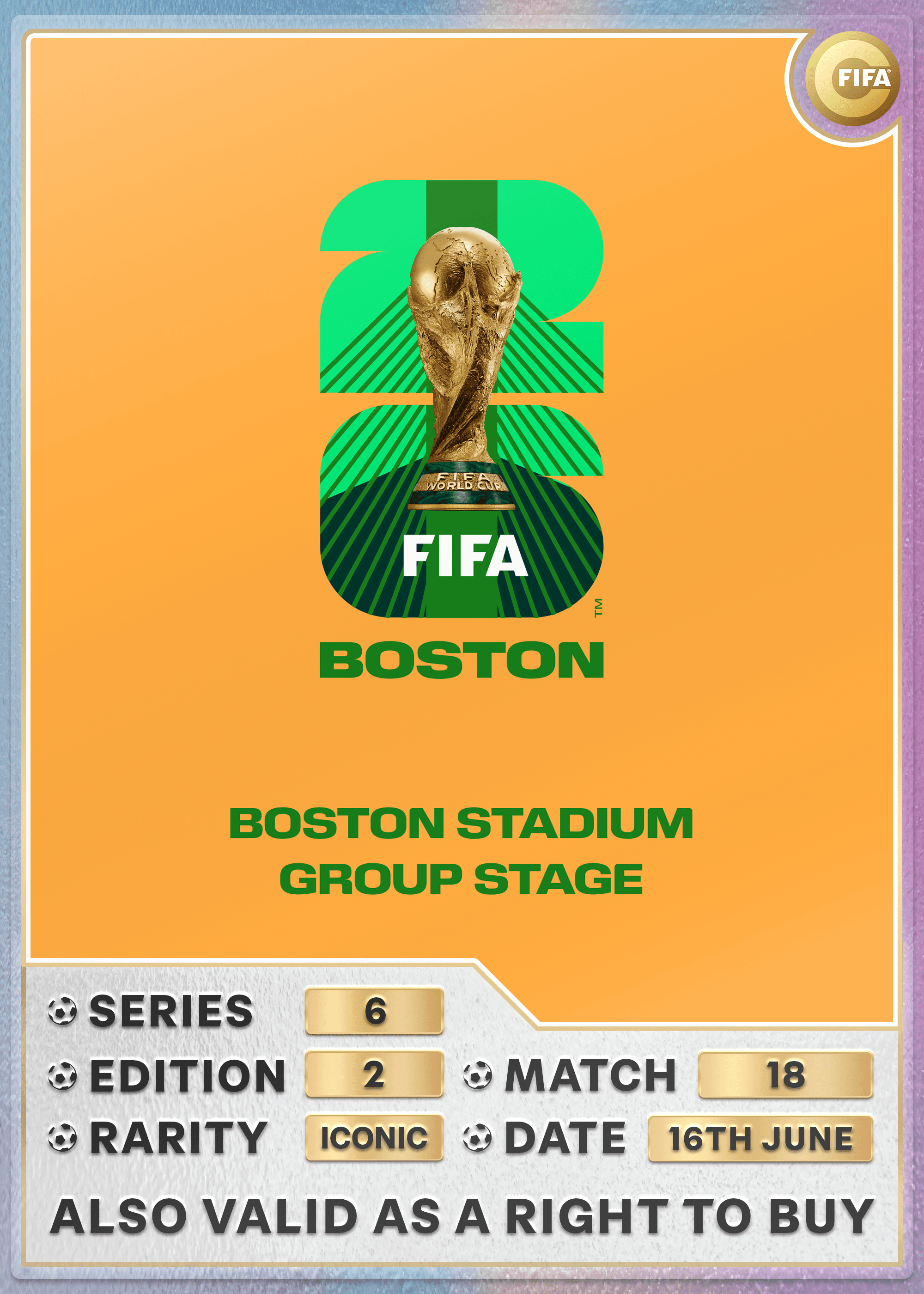 Collectible also valid as RTB for 2 tickets to M18 Boston