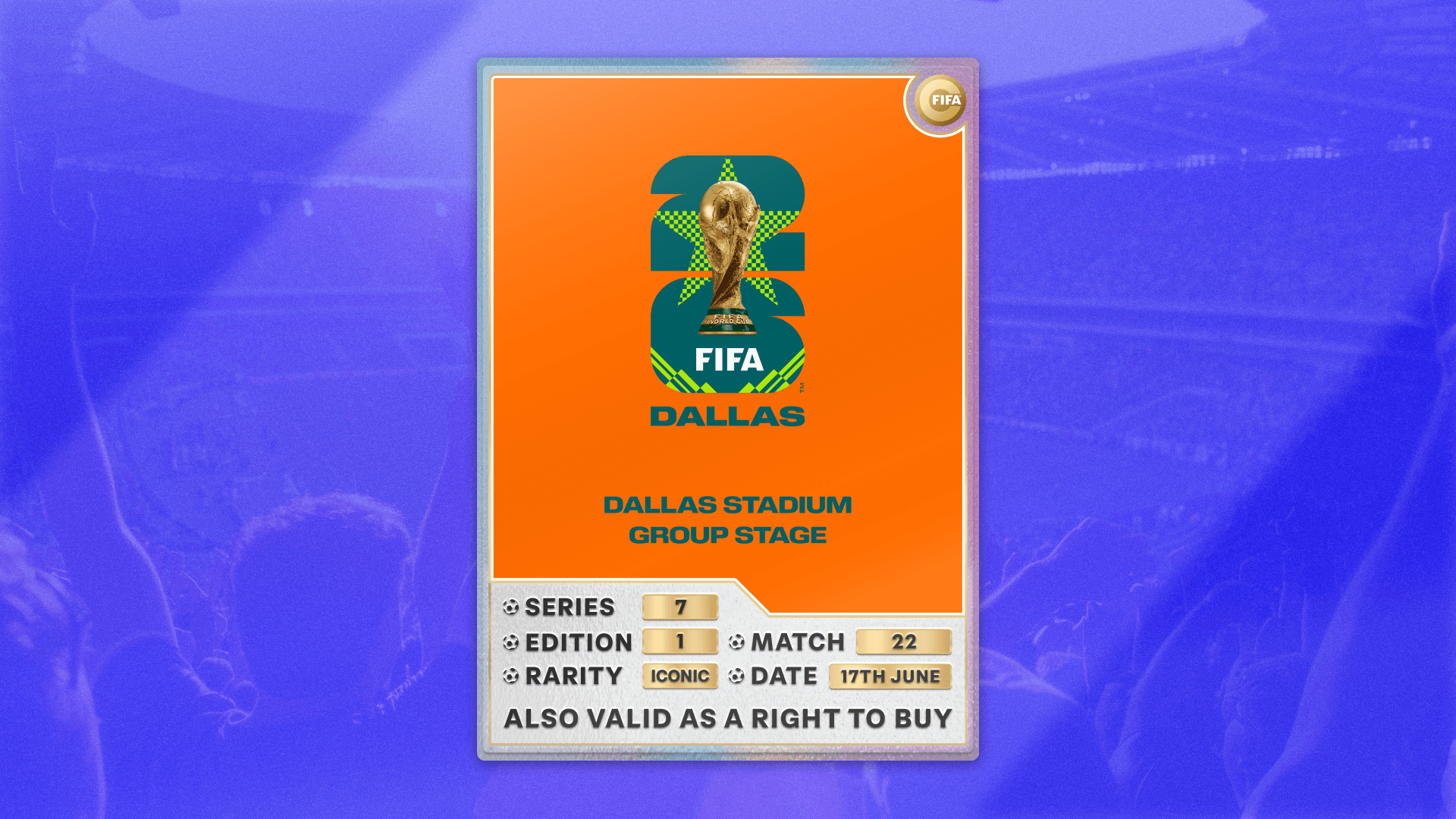 Collectible also valid as RTB for 2 tickets to M22 Dallas