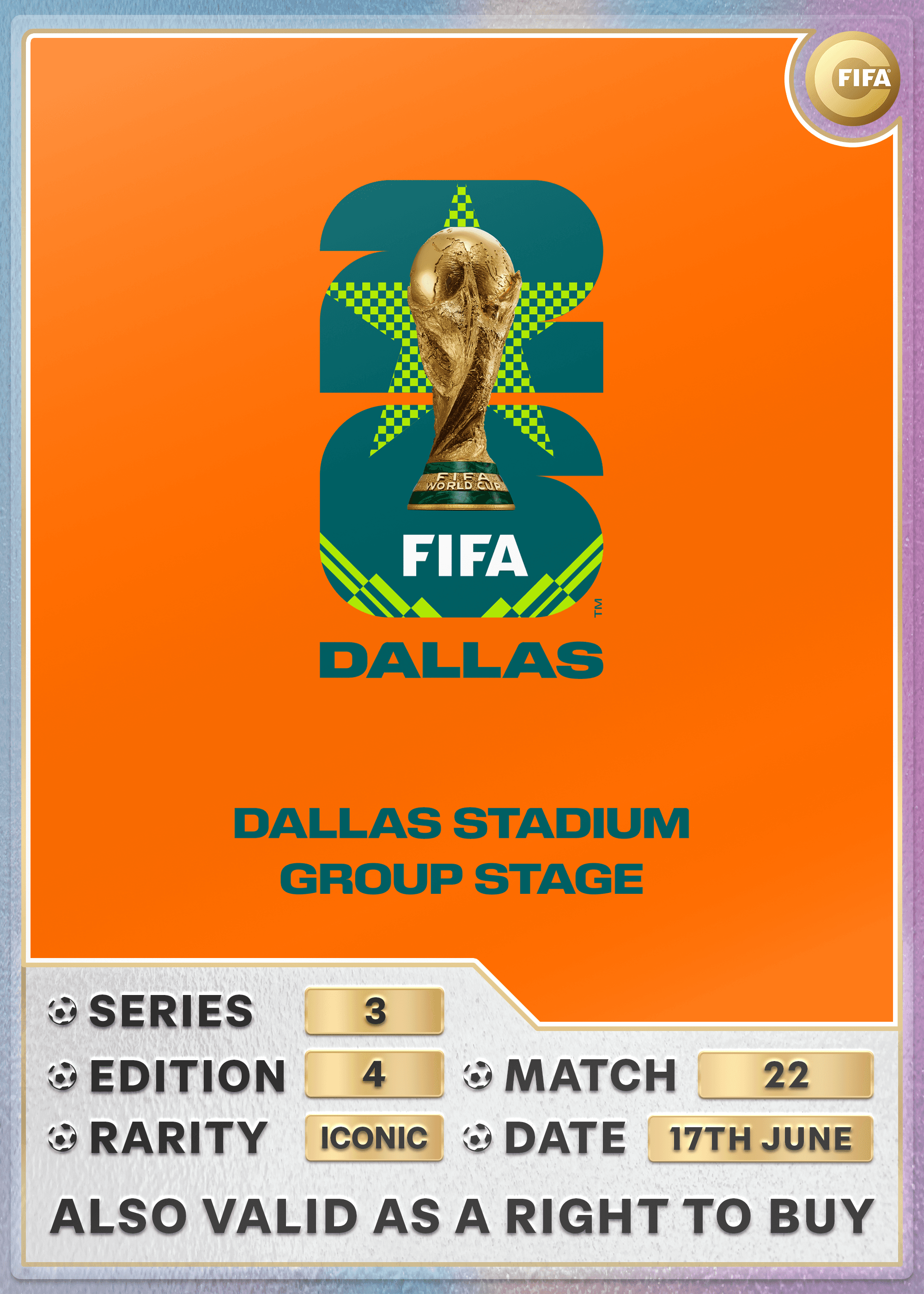 Collectible also valid as RTB for 2 tickets to M22 Dallas