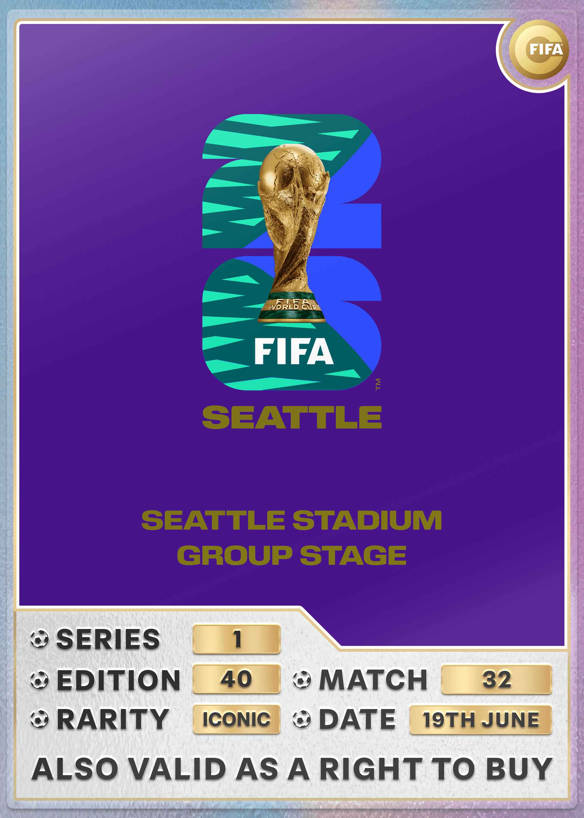 Collectible also valid as right-to-buy for 2 tickets to M32 Seattle