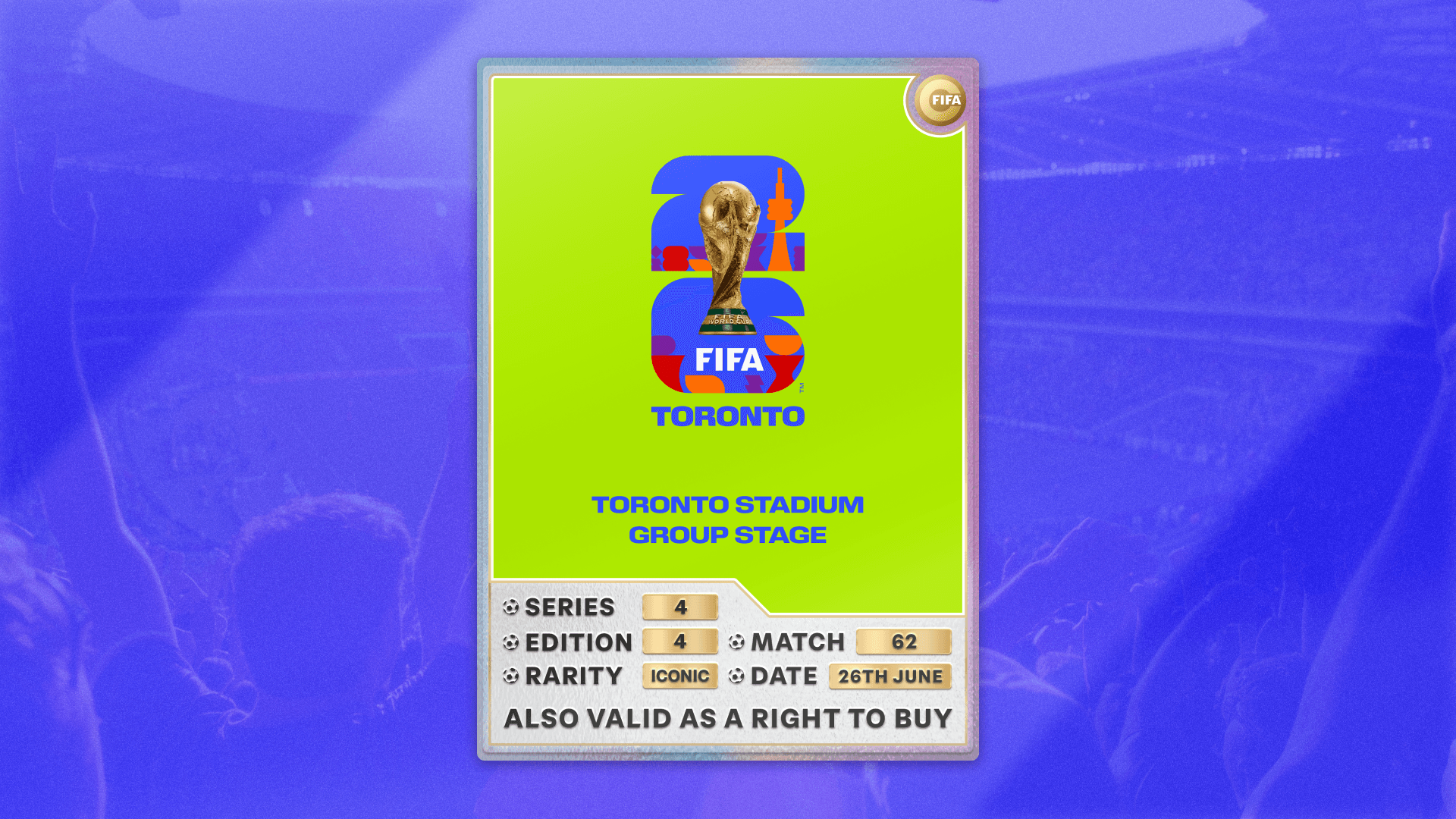 Collectible also valid as RTB for 2 tickets to M62 Toronto