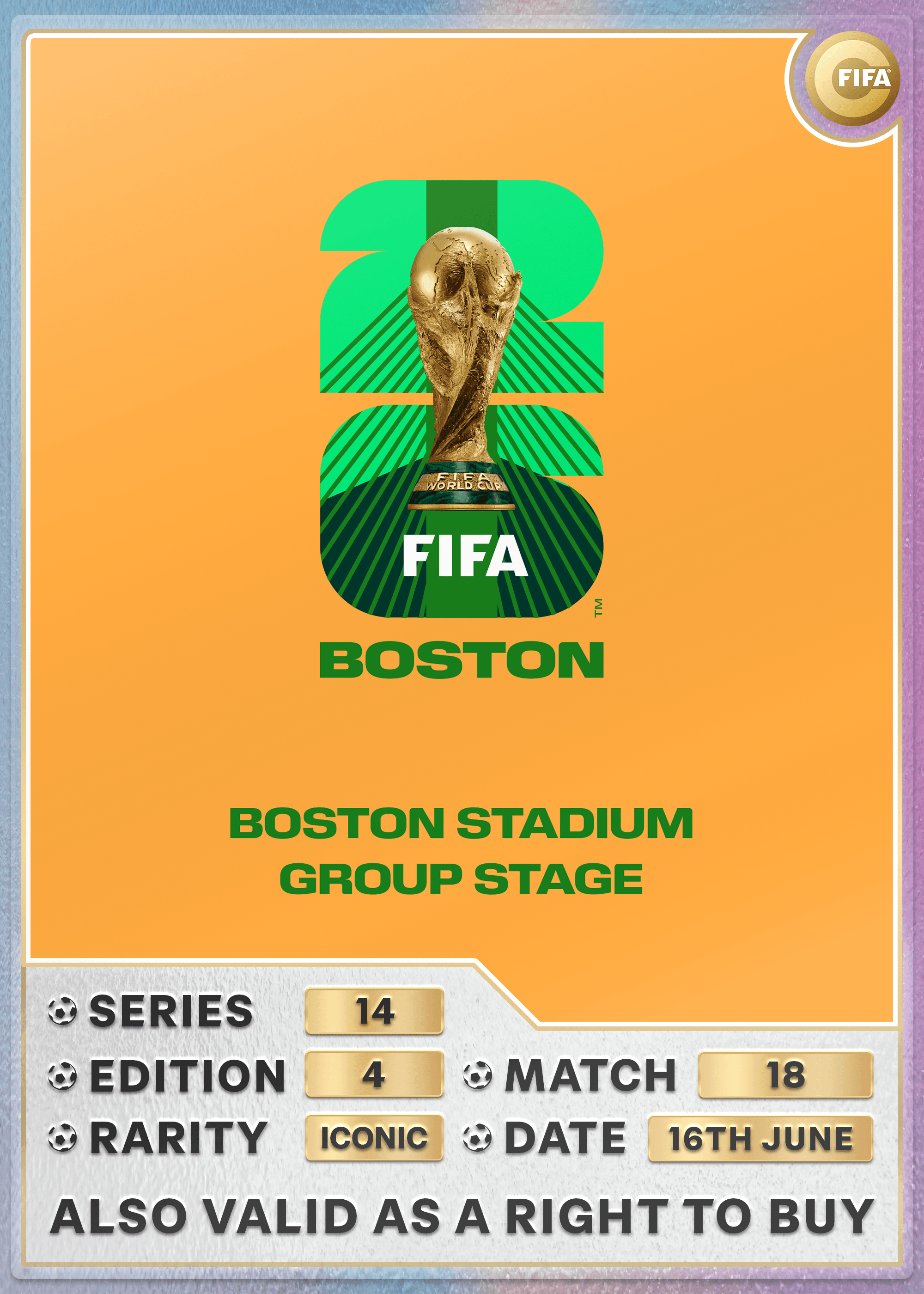 Collectible also valid as RTB for 2 tickets to M18 Boston