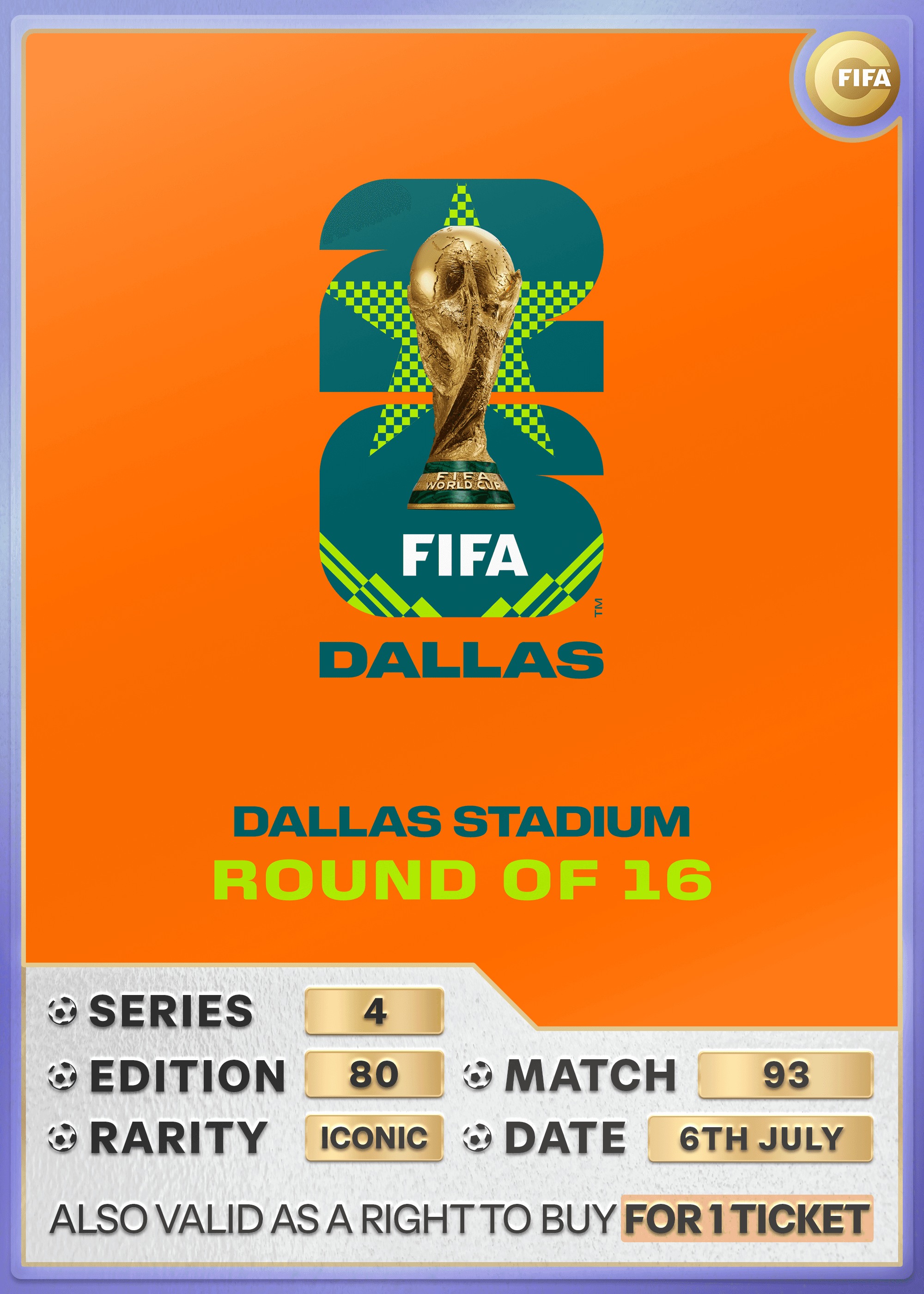 Collectible also valid as RTB for one ticket to M93 Dallas