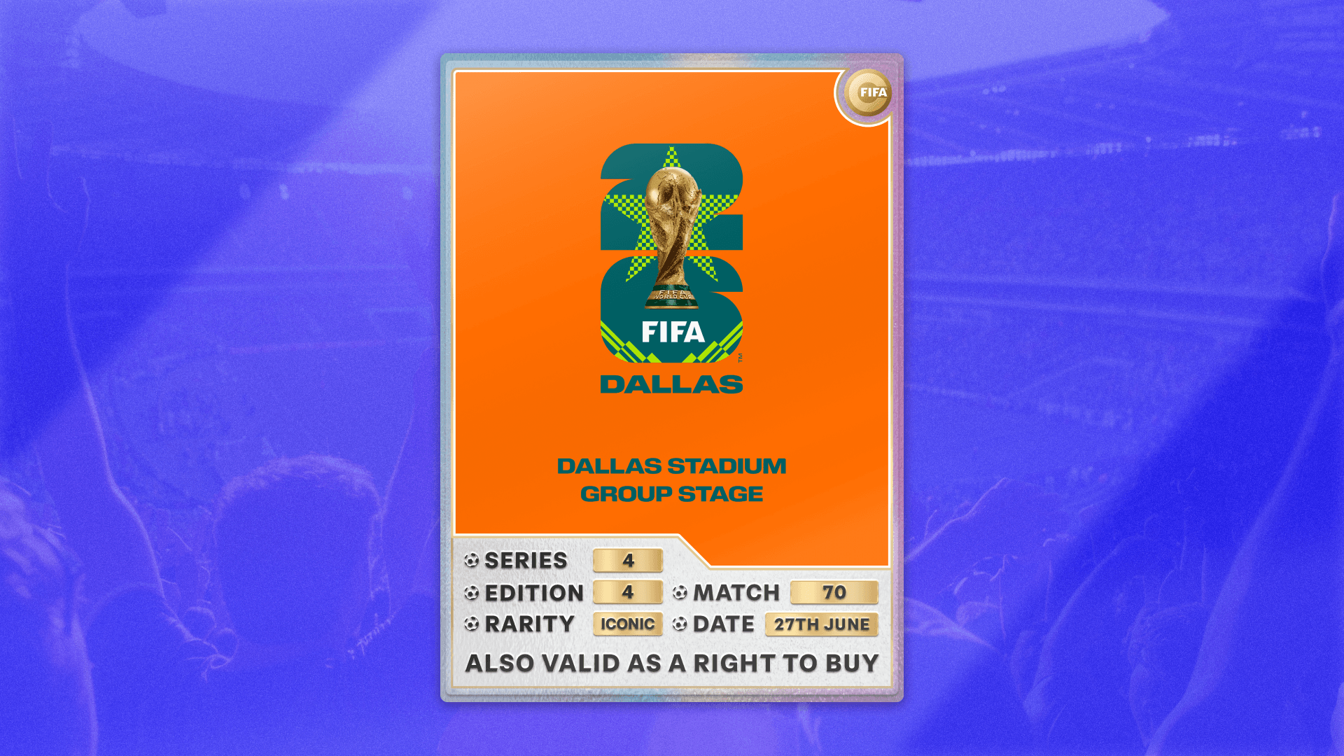 Collectible also valid as RTB for 2 tickets to M70 Dallas