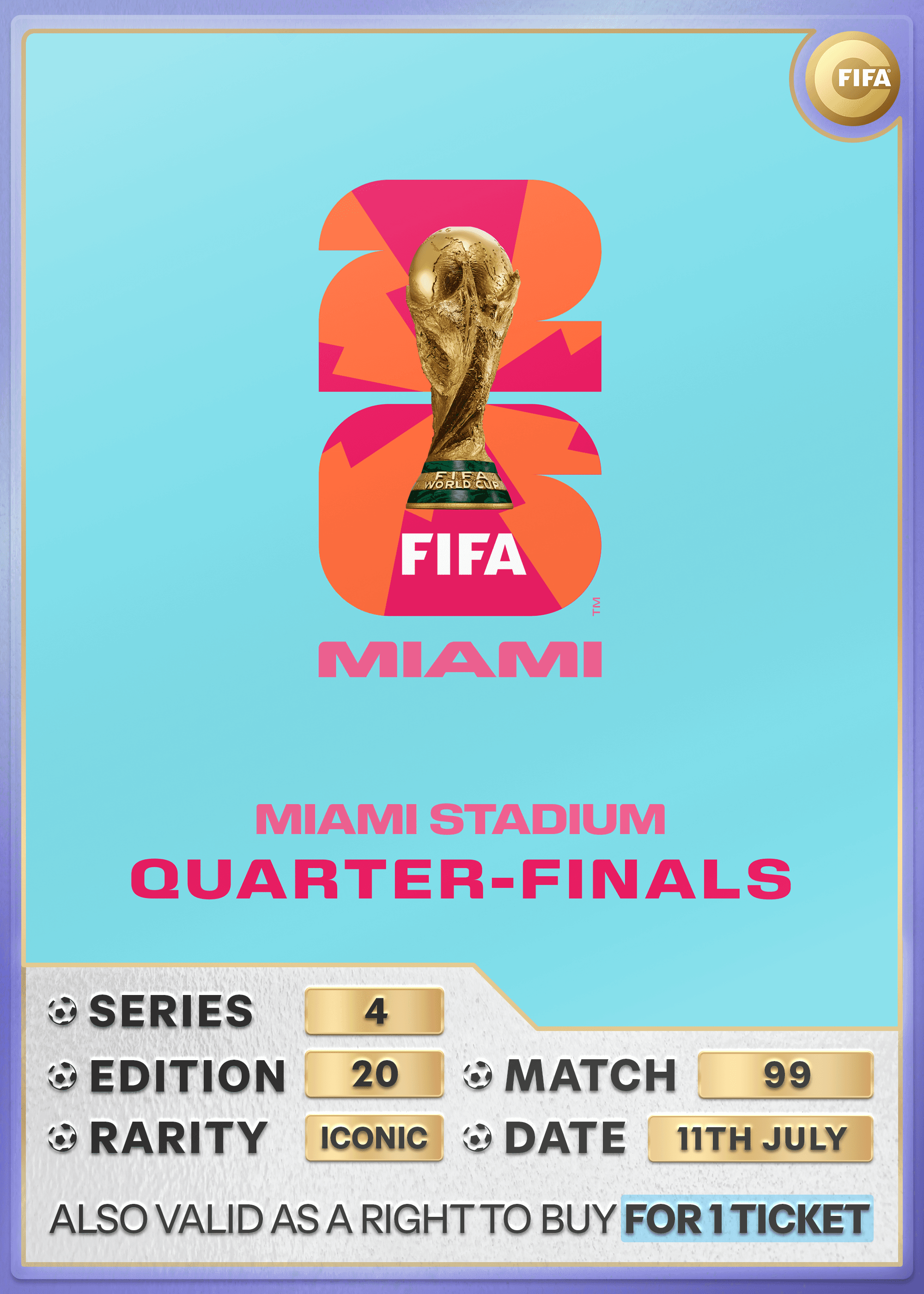Collectible also valid as RTB for 1 ticket to M99 Miami