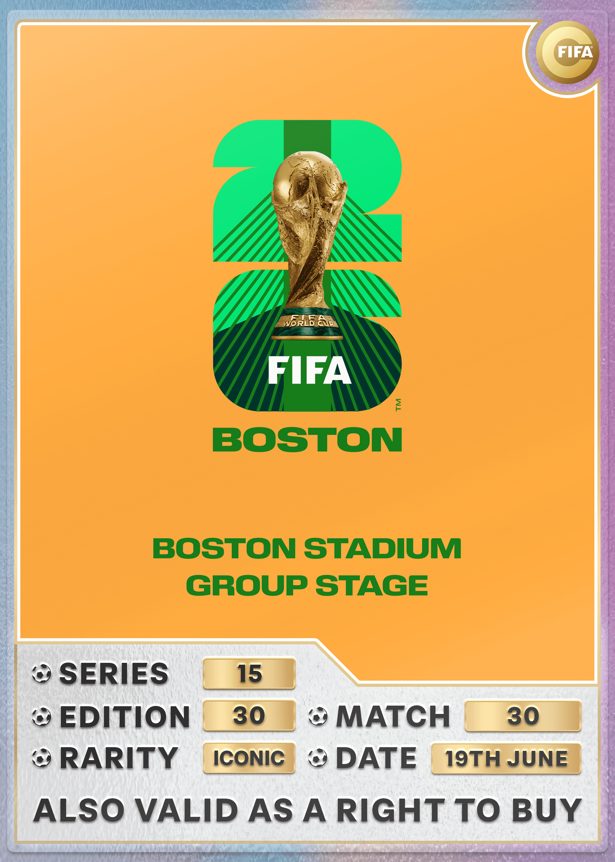 Collectible also valid as RTB for 2 tickets to M30