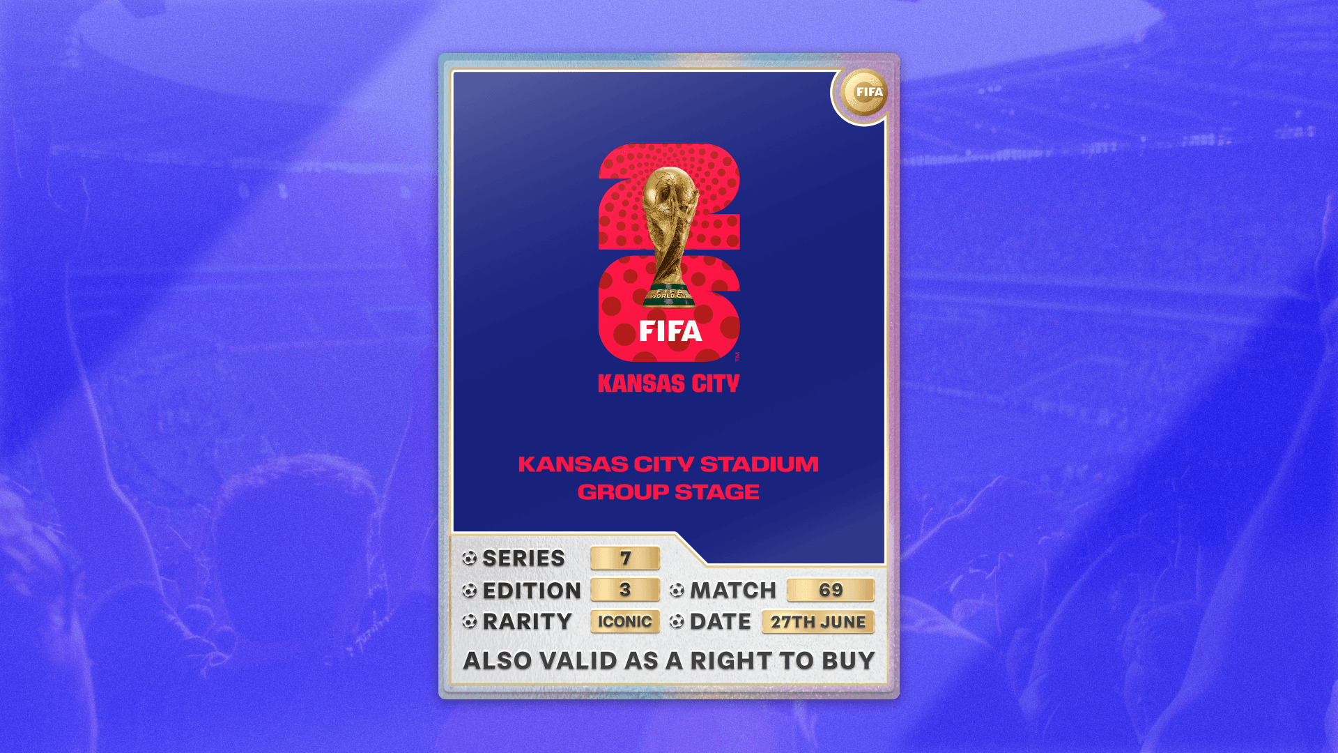 Collectible also valid as RTB for 2 tickets to M69 Kansas City