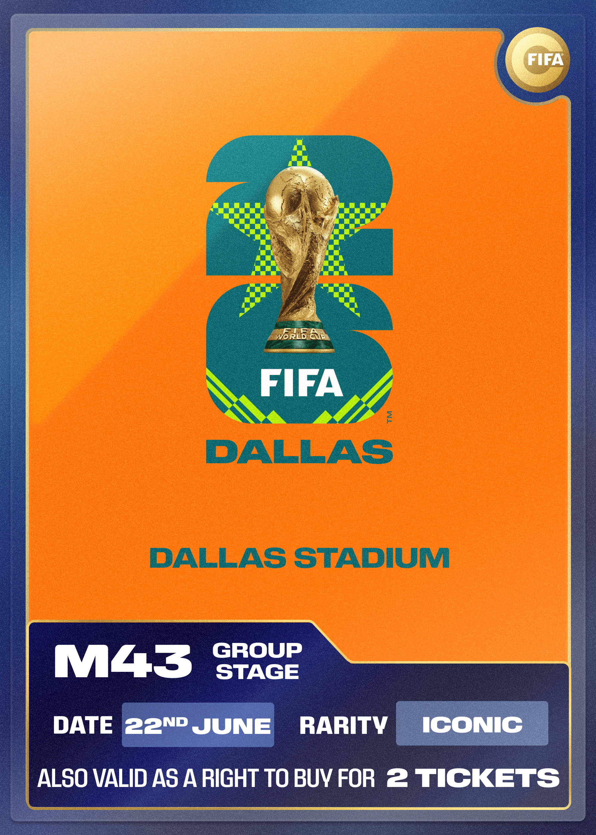 Collectible also valid as RTB for 2 tickets to M43 Dallas