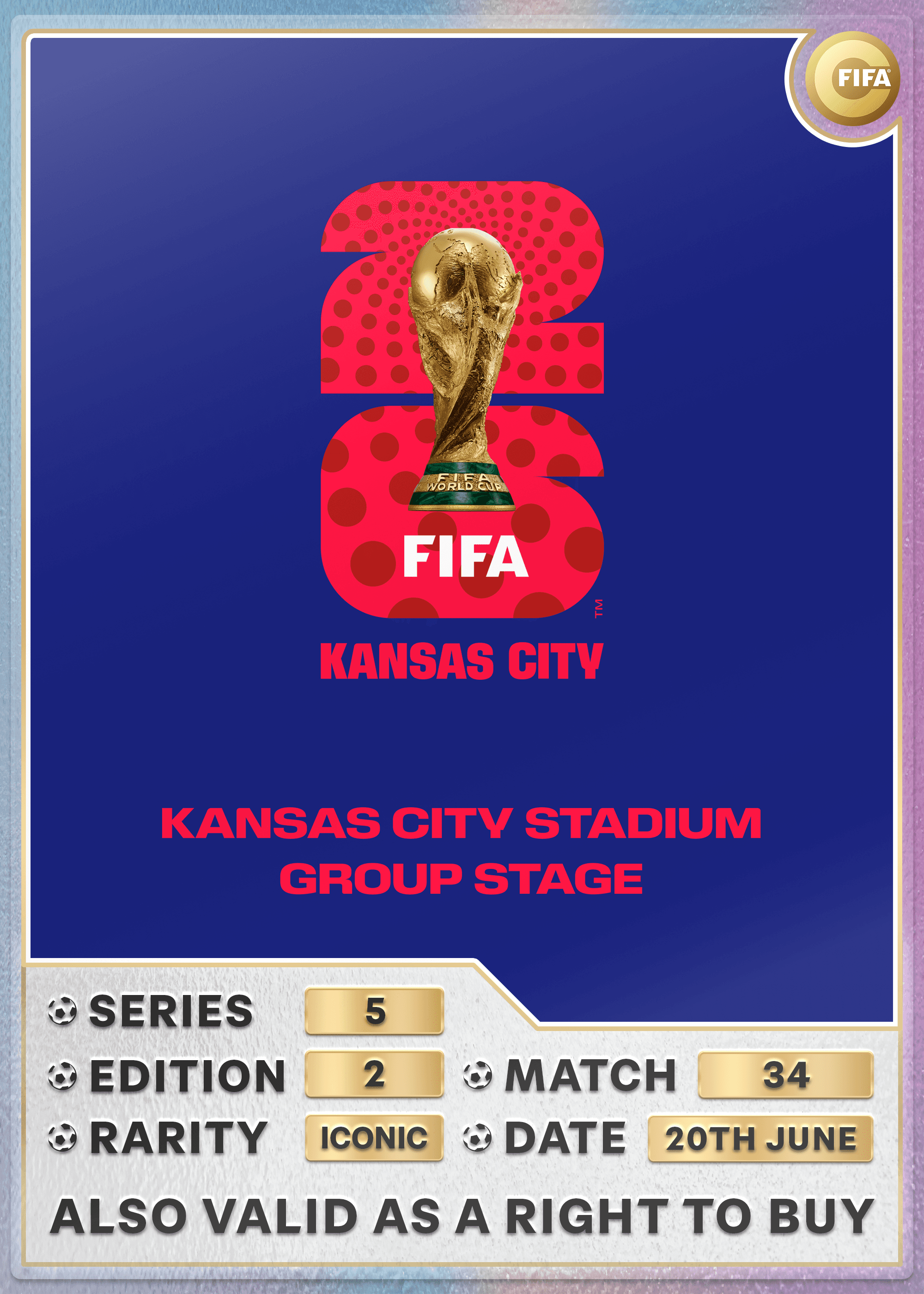 Collectible also valid as RTB for 2 tickets to M34 Kansas City