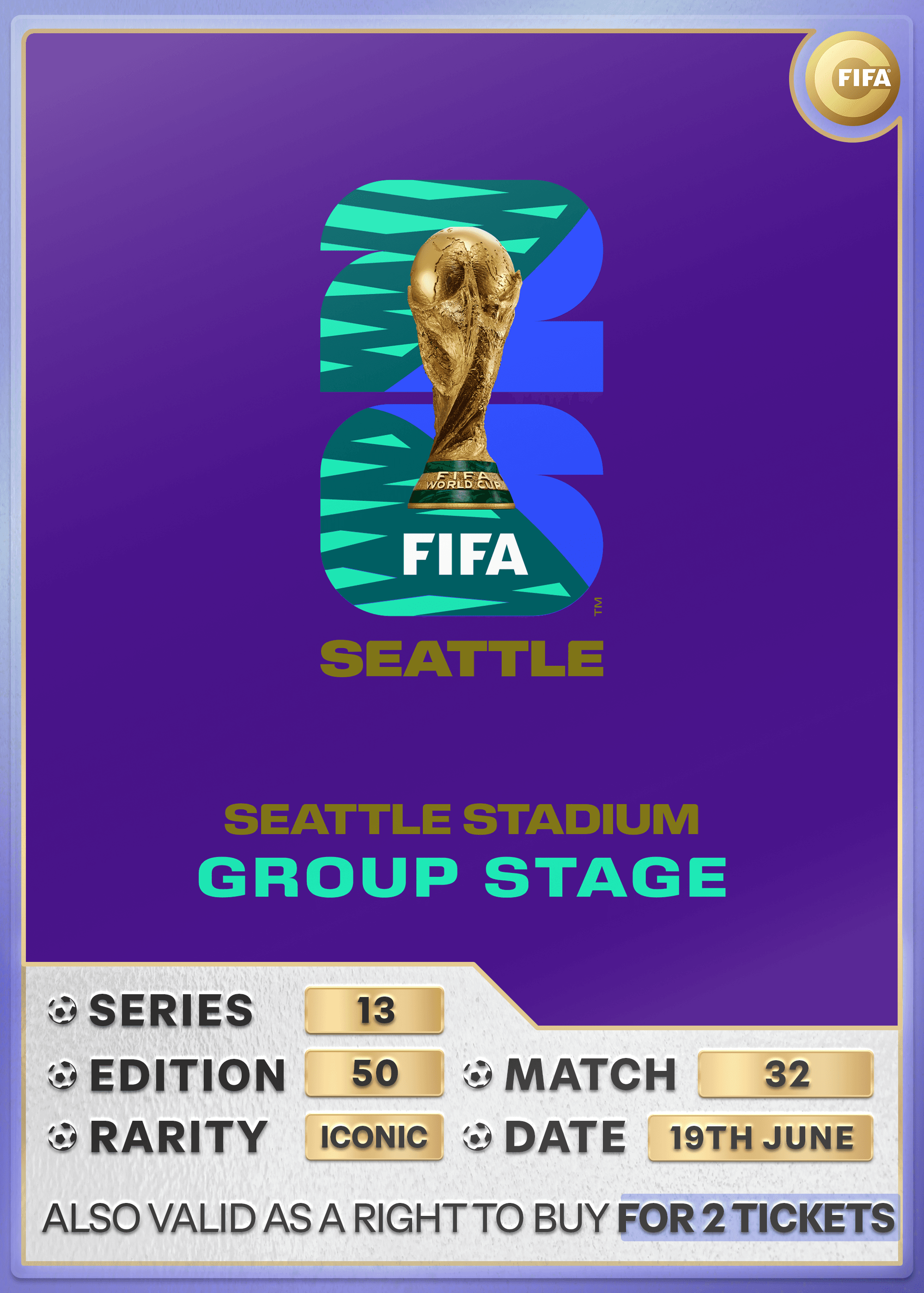 Collectible also valid as RTB for 2 tickets to M32 Seattle
