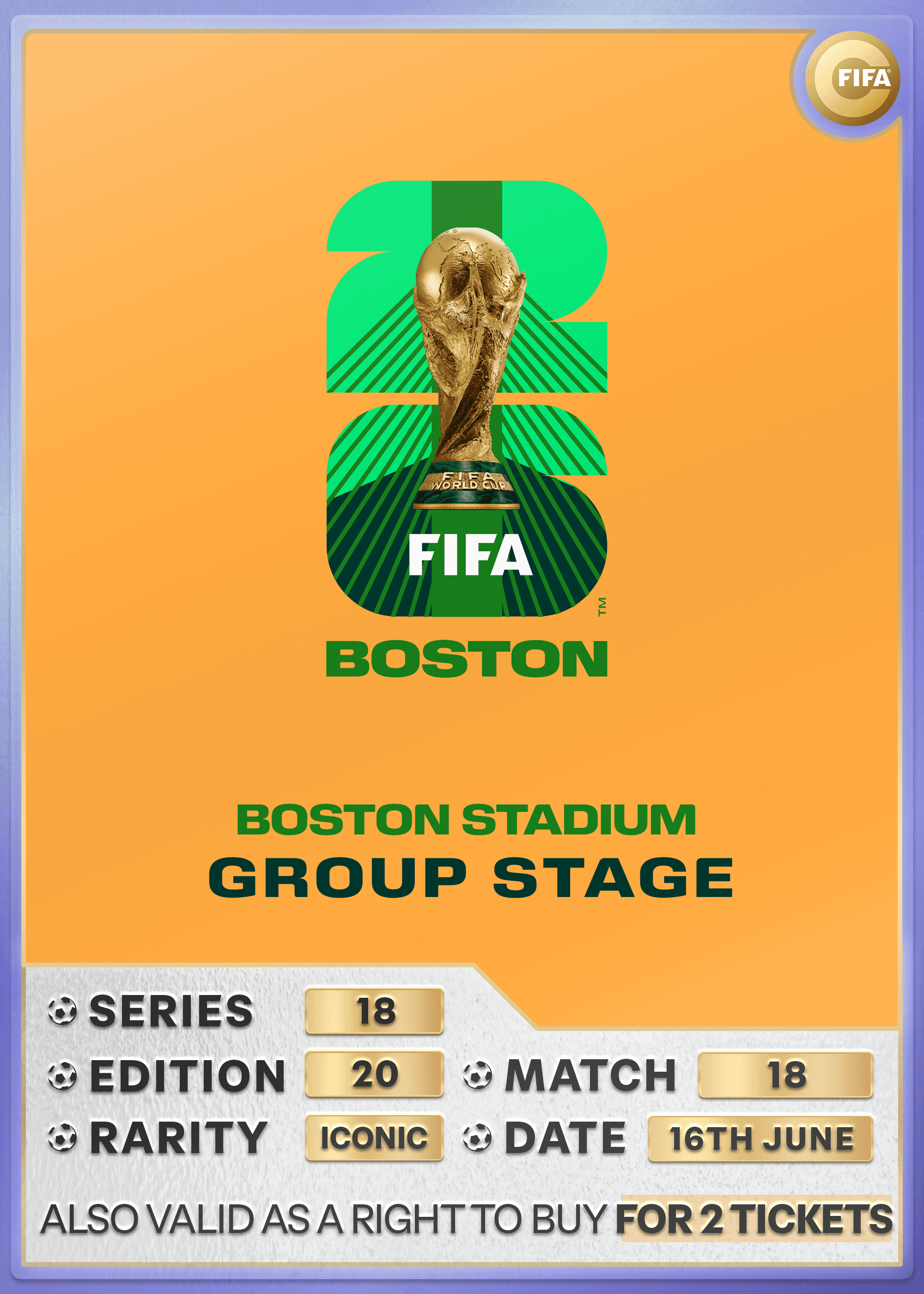 Collectible also valid as RTB for 2 tickets to M18 Boston