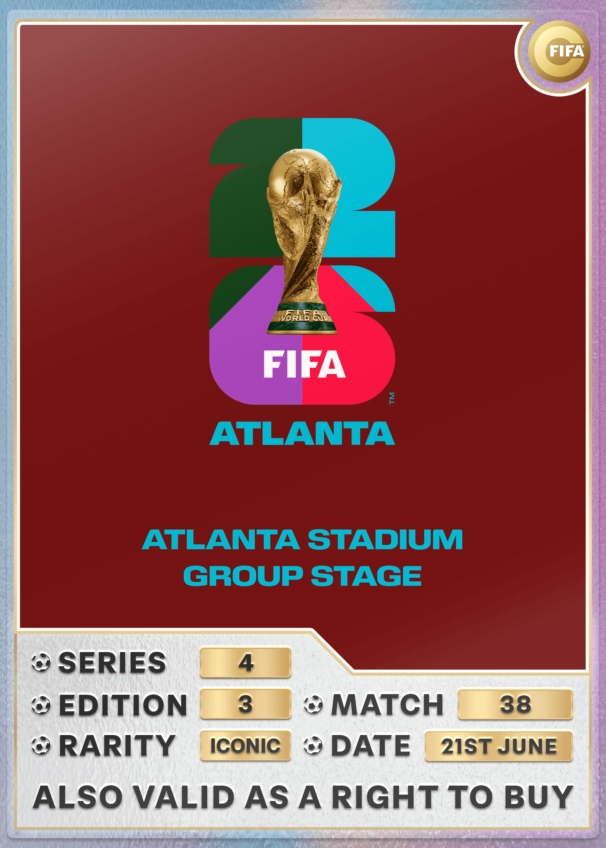 Collectible also valid as RTB for 2 tickets to M38 Atlanta