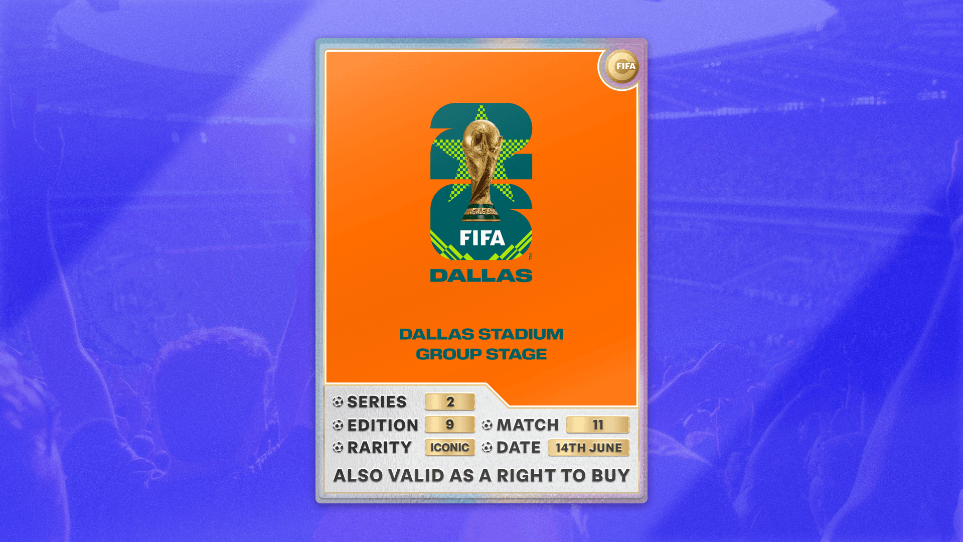 Collectible also valid as RTB for 2 tickets to M11 Dallas