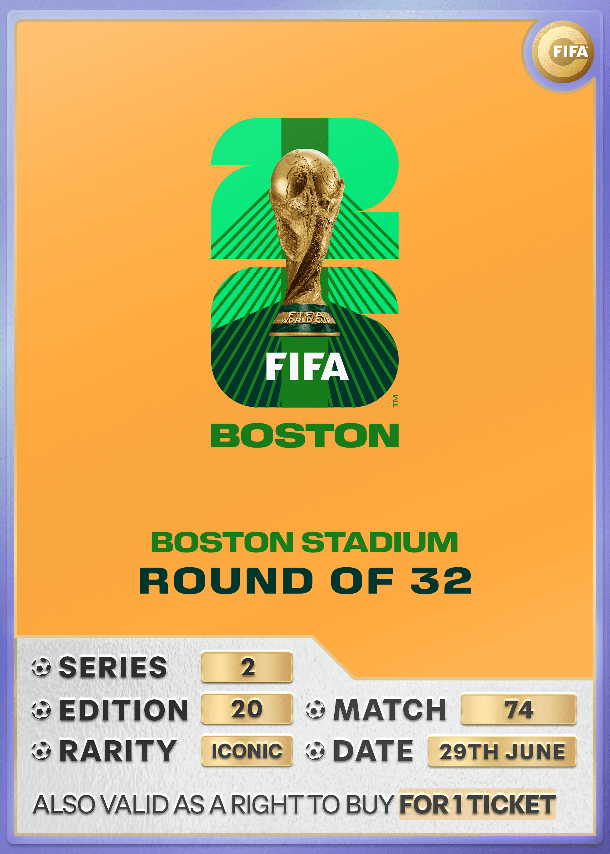 Collectible also valid as RTB for 1 ticket to M74 Boston
