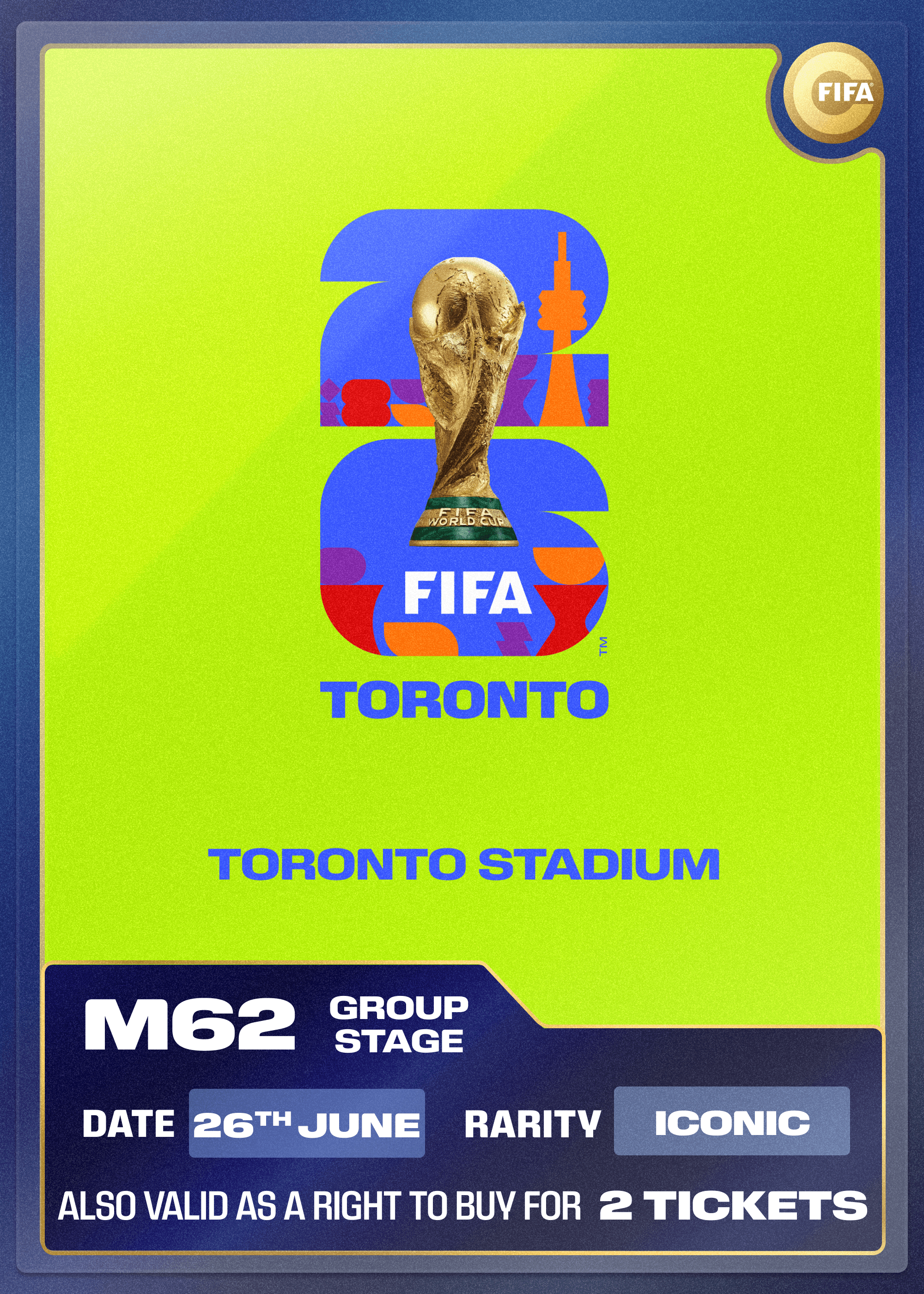 Collectible also valid as RTB for 2 tickets to M62 Toronto