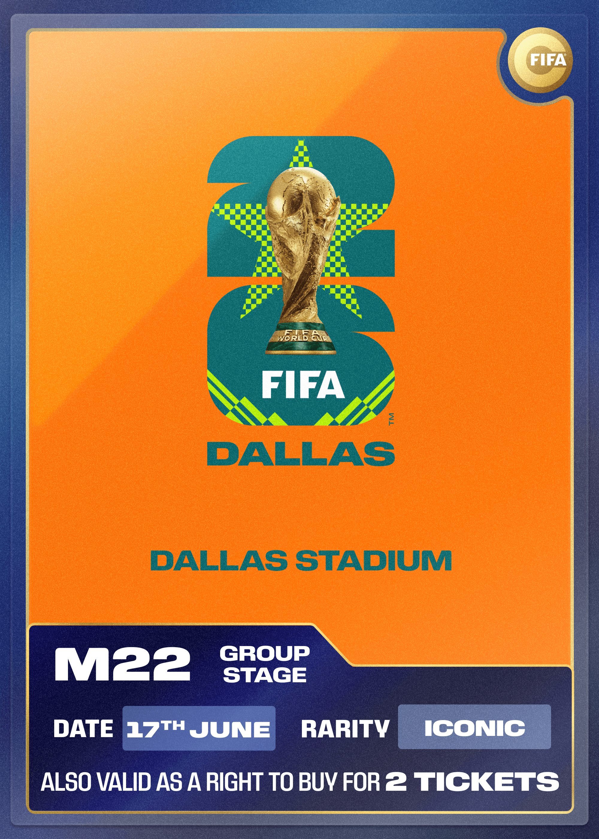 Collectible also valid as RTB for 2 tickets to M22 Dallas