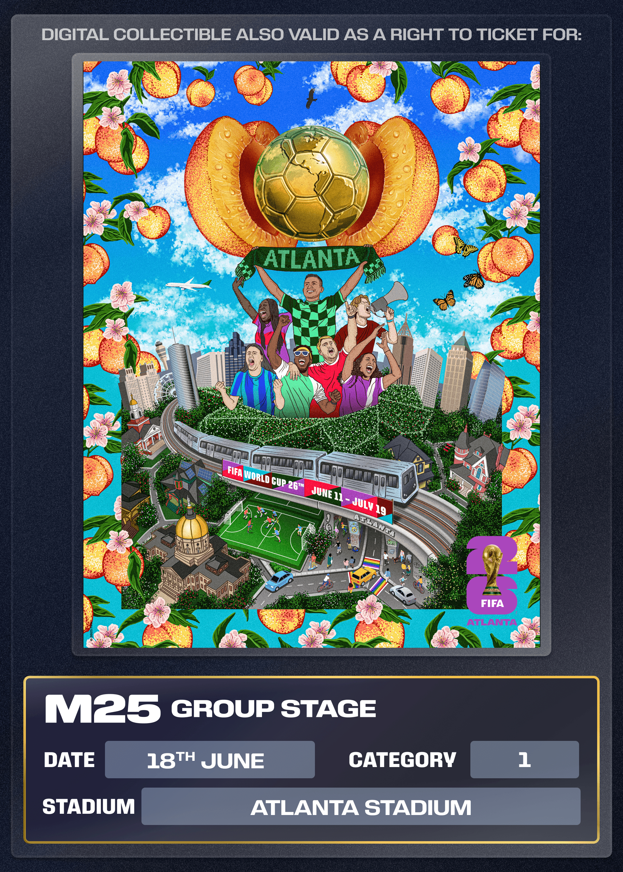 Collectible also valid as Right To Ticket Category 1 for M25 Atlanta