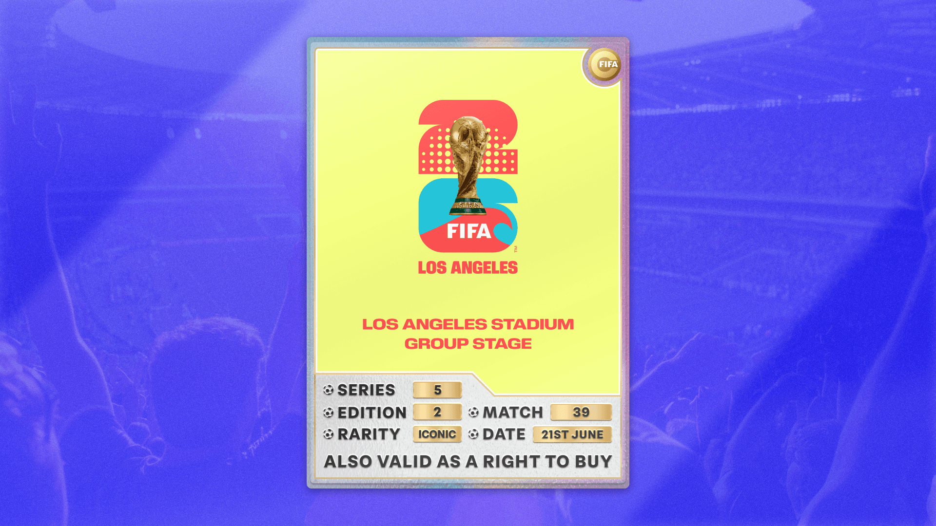 Collectible also valid as RTB for 2 tickets to M39 Los Angeles